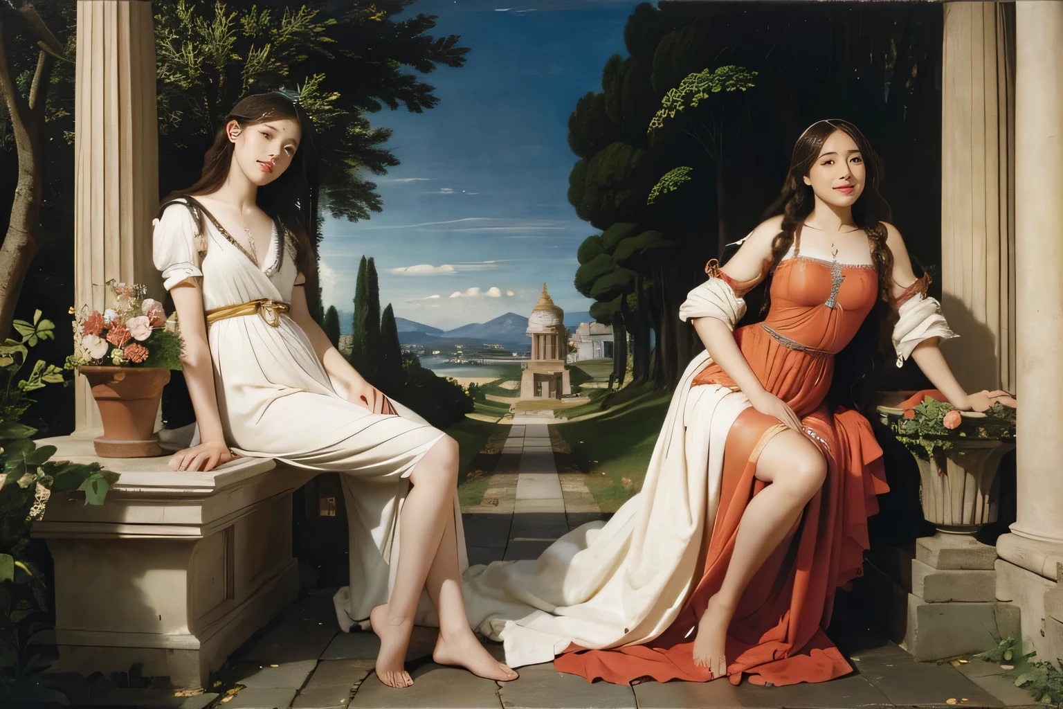 full body portrait or statue、Sandro Botticelli painting style,Arguments of two female Philosophe,math、astronomical machine、astronaut、roses in vase、fruits、Cute trinkets、smile、ancient greek costume、Ancient Roman landscape in the style of Nicolas Poussin,laughter,,Sweet and seductive appearance.、Caravaggio's paintings、Chiaroscuro of Caravaggio、hair tousled by the wind,Two women frolicking,cute smile, expression of ecstasy,Sexy,erotic