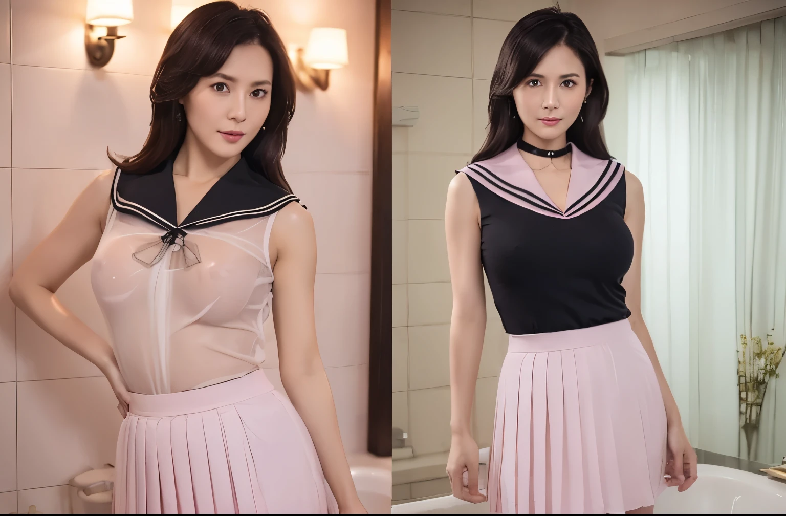 stand far away, (((Dark Lighting))), (masterpiece, highest quality:1.2), photo realistic, (((Very large pink bathroom with one large bathtub ))), One MILF stand side by side, Elegant temperament, Full body image of 60 old Japanese lady, facial wrinkles, extra detailed face, stand upright, facing the center of the screen, Pose that shows your belly button, Highly detailed eyes, ((Sleeveless and see-through sailor suits)), (very short See-through pleated skirt), (((black collar))), big and round hips, sensual body, huge breasts :1.5, and saggy breasts:1.5, curvy hourglass figure, beautiful long hair, (((Perfect Anatomy)))