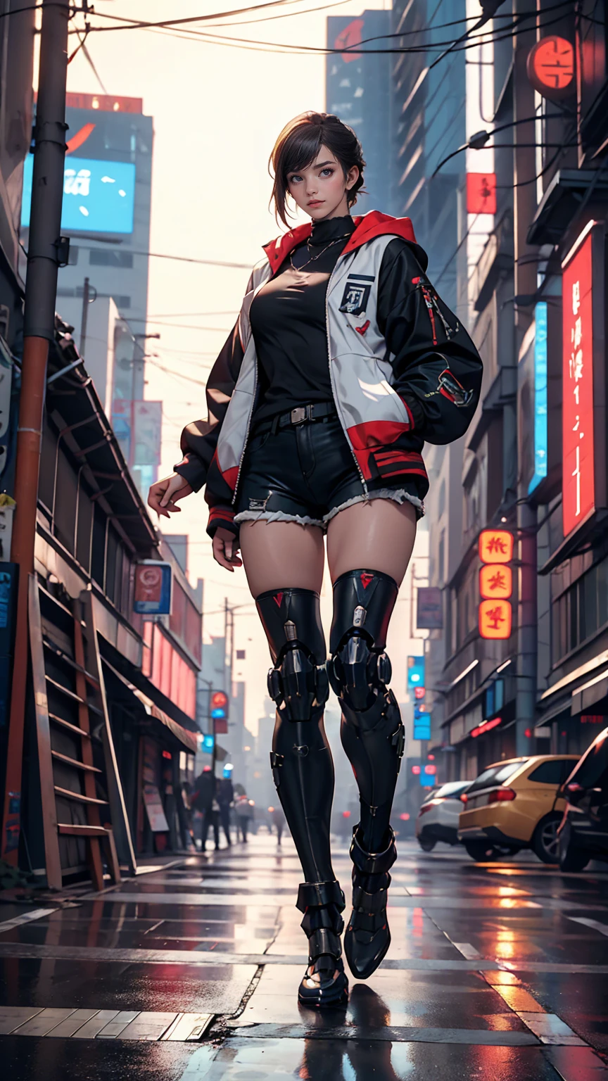 A 25 year old Caucasian woman wearing shorts and a jacket stands next to a giant robot, artwork in the style of Gweitz, Cyberpunk Anime Girl Mecha, Trending on cgstation, Gweitz, By Russell Dongjun Lu, Digital Cyberpunk Anime Art, Lostrun 8k, Gweitz on artstation pixiv, Woman in Mecha Cyber Armor