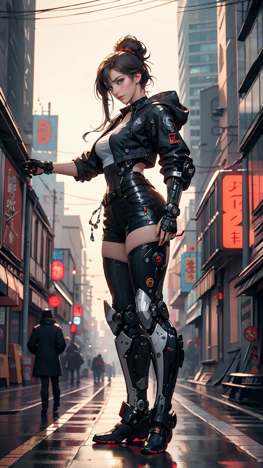 A 25 year old Caucasian woman wearing shorts and a jacket stands next to a giant robot, artwork in the style of Gweitz, Cyberpunk Anime Girl Mecha, Trending on cgstation, Gweitz, By Russell Dongjun Lu, Digital Cyberpunk Anime Art, Lostrun 8k, Gweitz on artstation pixiv, Woman in Mecha Cyber Armor