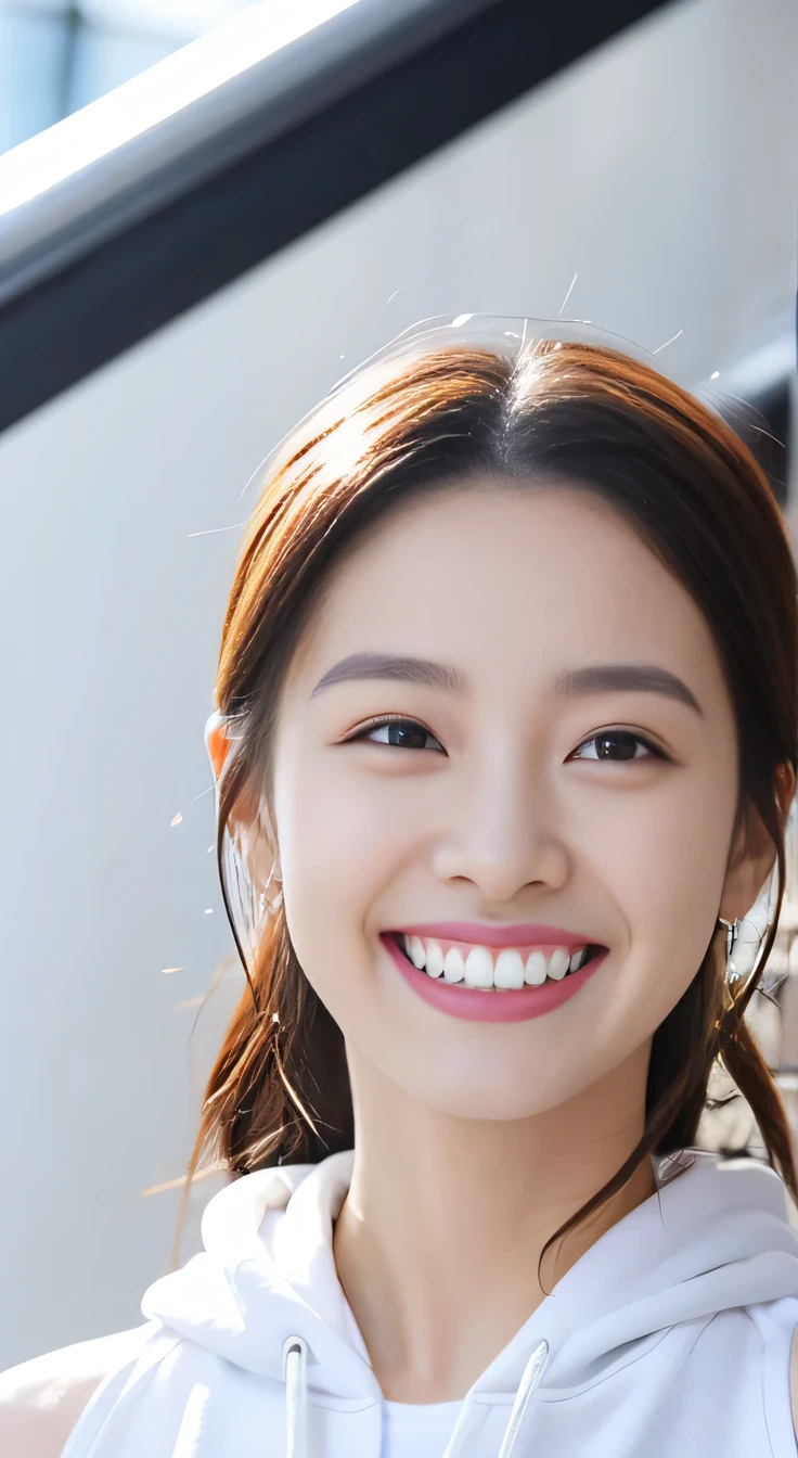 ８Ｋ、highest quality、Clear beauty、hoodie、smile、Beautiful teeth alignment、（Gums are visible）Black Hair、ear piercing、Upper Body、The background is a staircase

