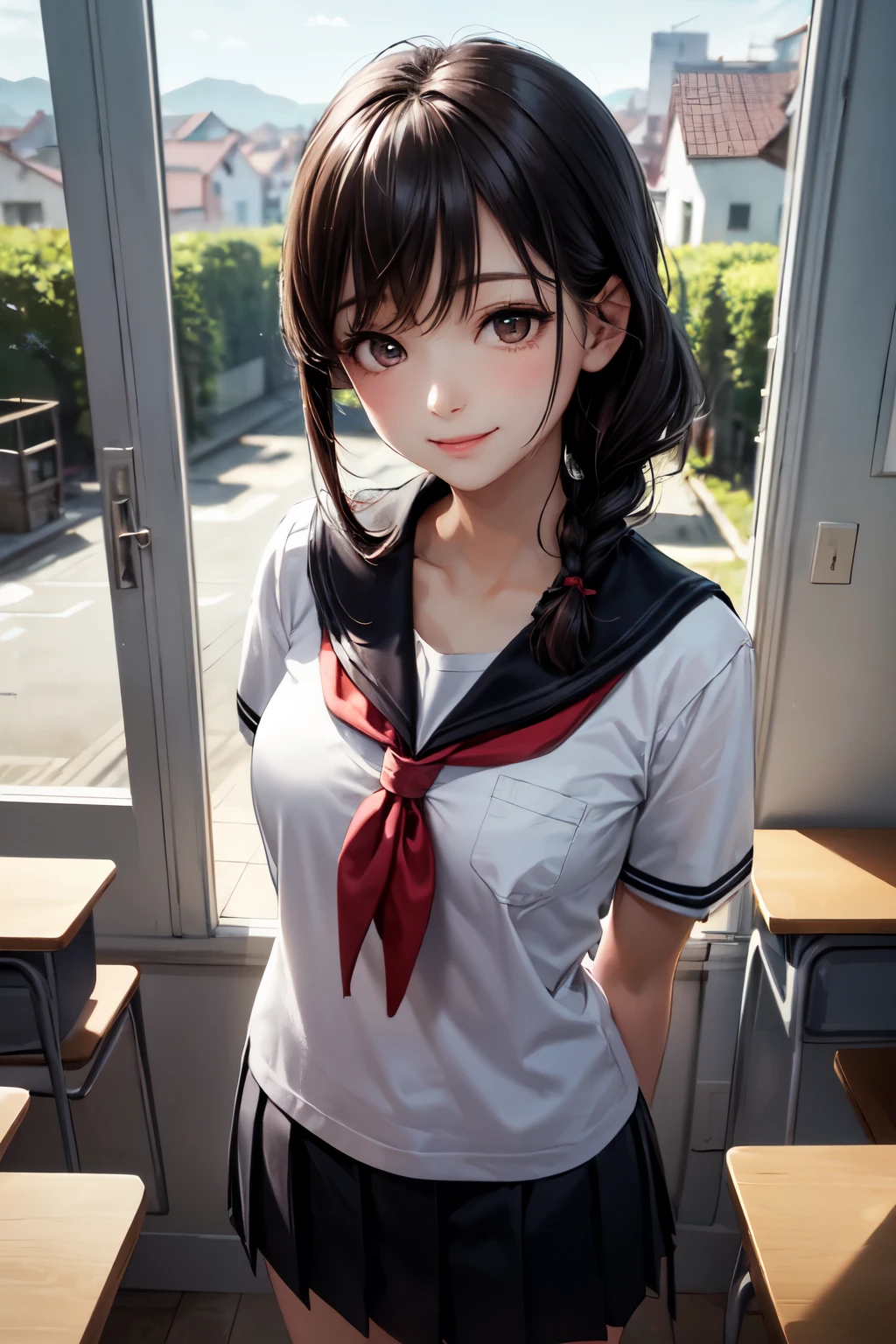very cute and beautiful girl,(highly detailed beautiful face),
(smile:1.2),black hair,twin braid,sailor ,short sleeve,(pleated navyblue mini skirt),standing,arms behind back,
wooden classroom,window,distant trees and town,
(best quality,masterpiece),absurdres,highres,ultra-detailed,extremely detailed,32k,8k resolution,
intricate details,cinematic scene,detailed background,solo,dynamic angle,