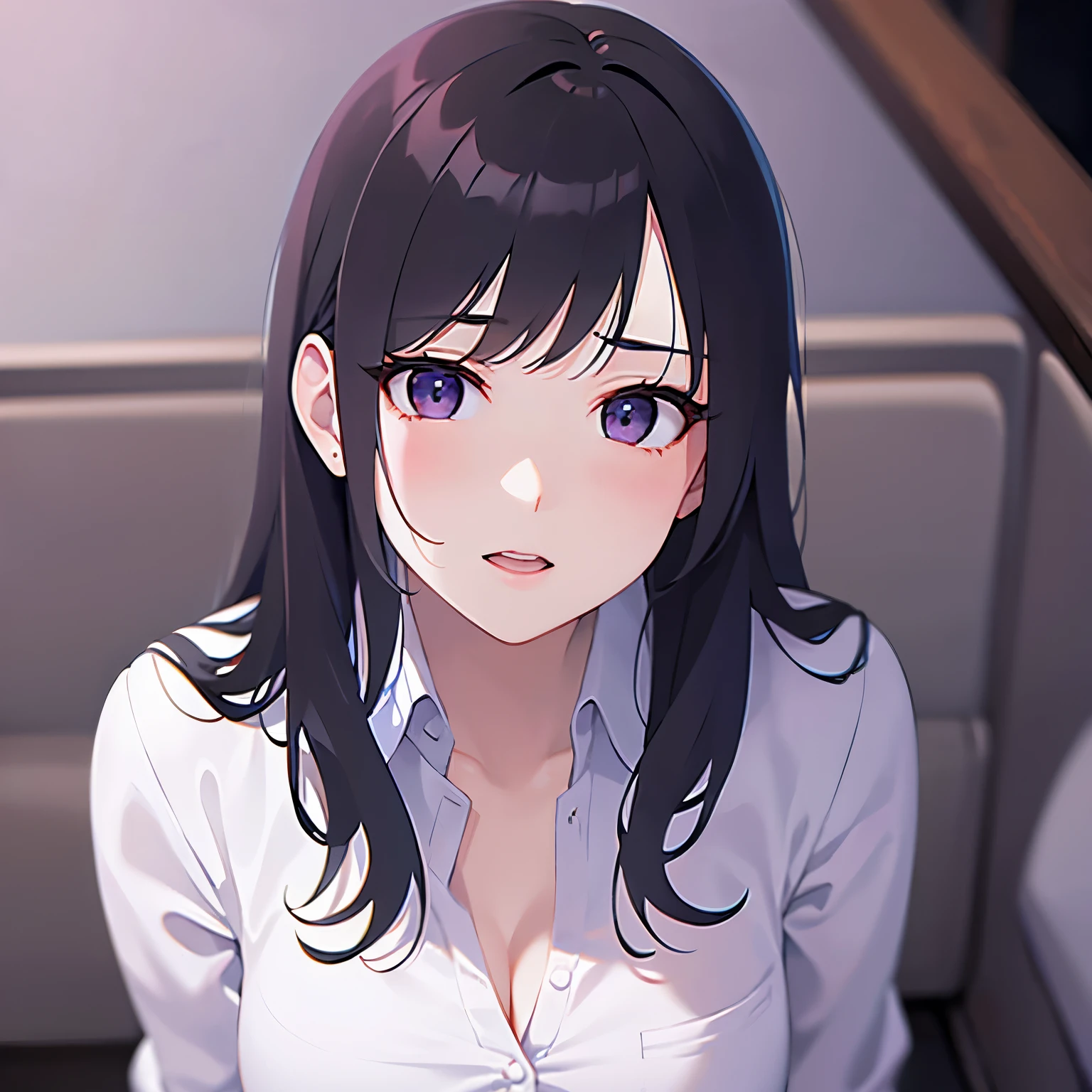 looking up, shot from above, cleavage, portrait shot, Realistic, real person, (pale skin: 1.2), (RAW photo:1.5), photorealistic, shiny skin, shiny hair, (bangs) straight hair 25-year-old woman) and (medium hair) and (black hair) and (purple eyes) and (half eyes), (white collared shirt), (blush:1.3), open mouth, The background is the interior of a restaurant at night. alone, sitting