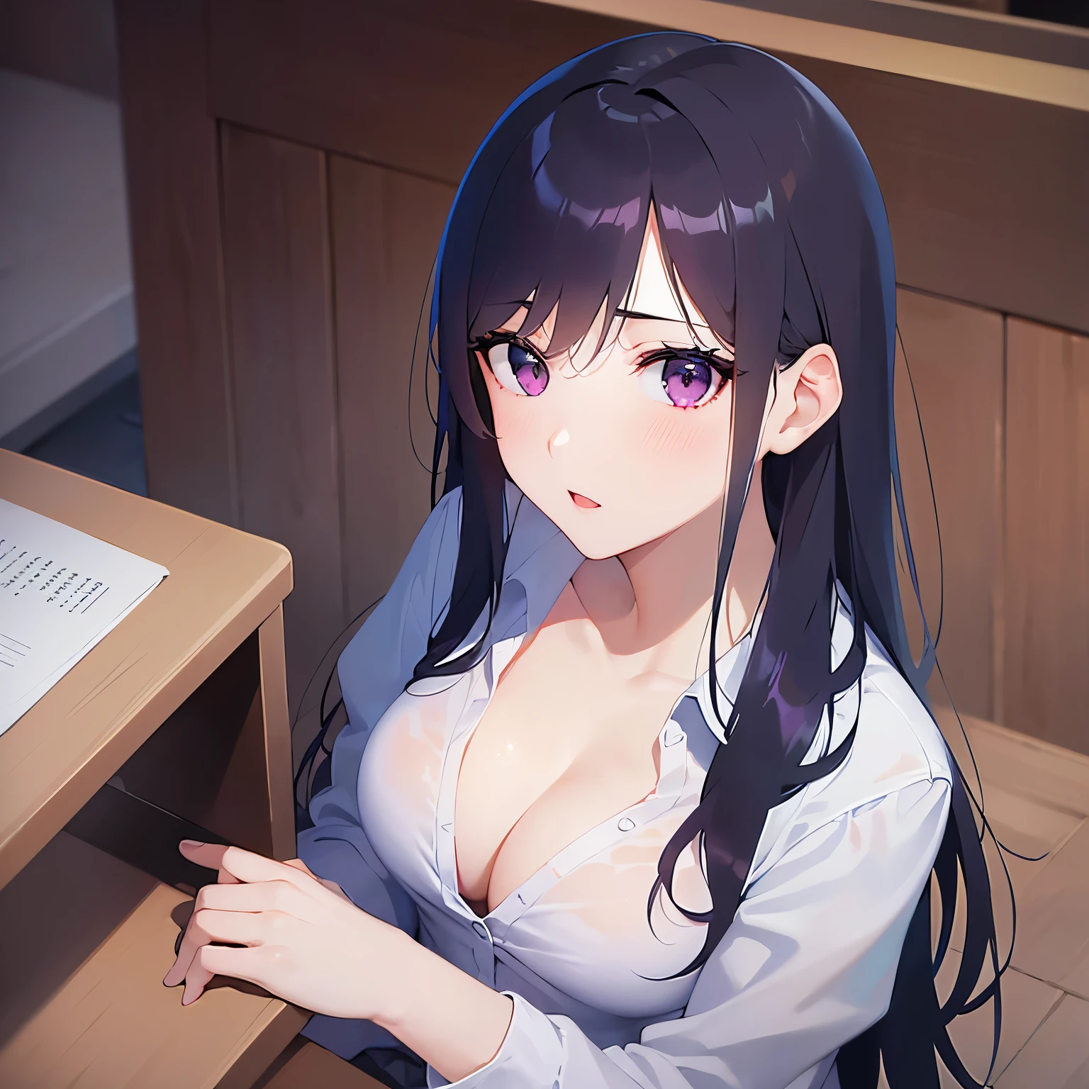 looking up, shot from above, cleavage, portrait shot, Realistic, real person, (pale skin: 1.2), (RAW photo:1.5), photorealistic, shiny skin, shiny hair, (bangs) straight hair 25-year-old woman) and (medium hair) and (black hair) and (purple eyes) and (half eyes), (white collared shirt), (blush:1.3), open mouth, The background is the interior of a restaurant at night. alone, sitting