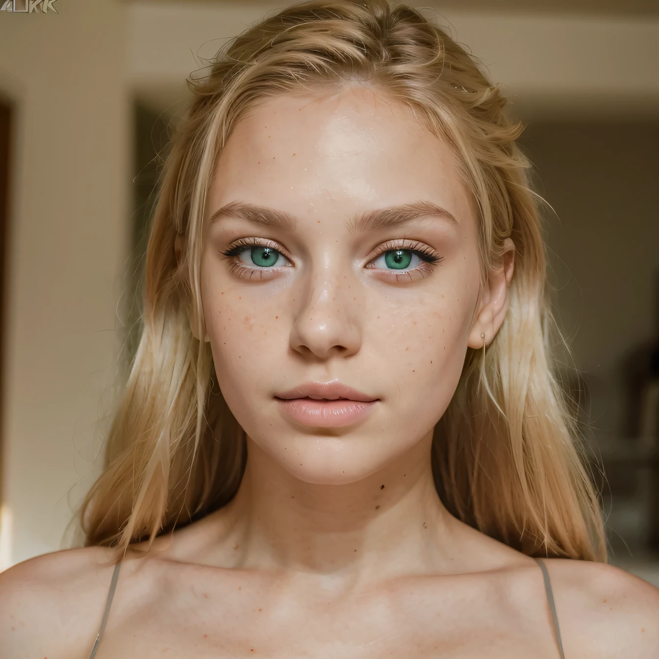 Young woman:1,Blonde hair, bright highlighting, green slanted eyes, sharp upturned thin nose, freckles, plump lips, blush, thin chiseled figure), (Best quality, 4k, 8k, a high resolution,masterpiece: 1.2),super detailed