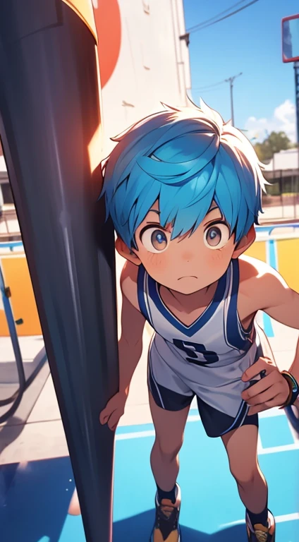 Second dimension style，Warm colors，high quality，Looking up，A blue hair，Golden-eyed high school student，Playing basketball on the school basketball court，He is slim and sexy，Show some muscle，I&#39;m sweating a little，There is a hint of blush on his face，Looks sunny and handsome，He is wearing a red T-shirt，Blue and white sports shorts，White sneakers
