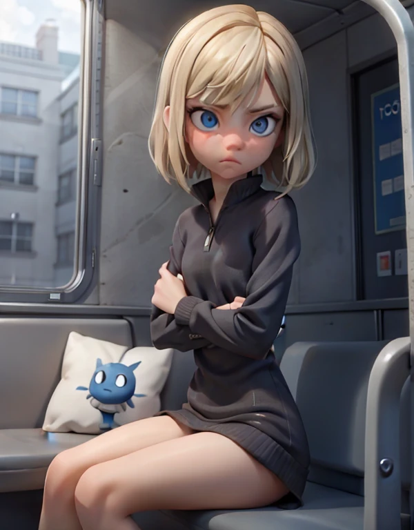 masterpiece, Blonde short hair, blue eyes,  best quality, 1girl, Riley, nude body, flat torso , pussy, (serious look , sad in a bus)), pixar, cartoon, 3d render, sfw, sitting , 