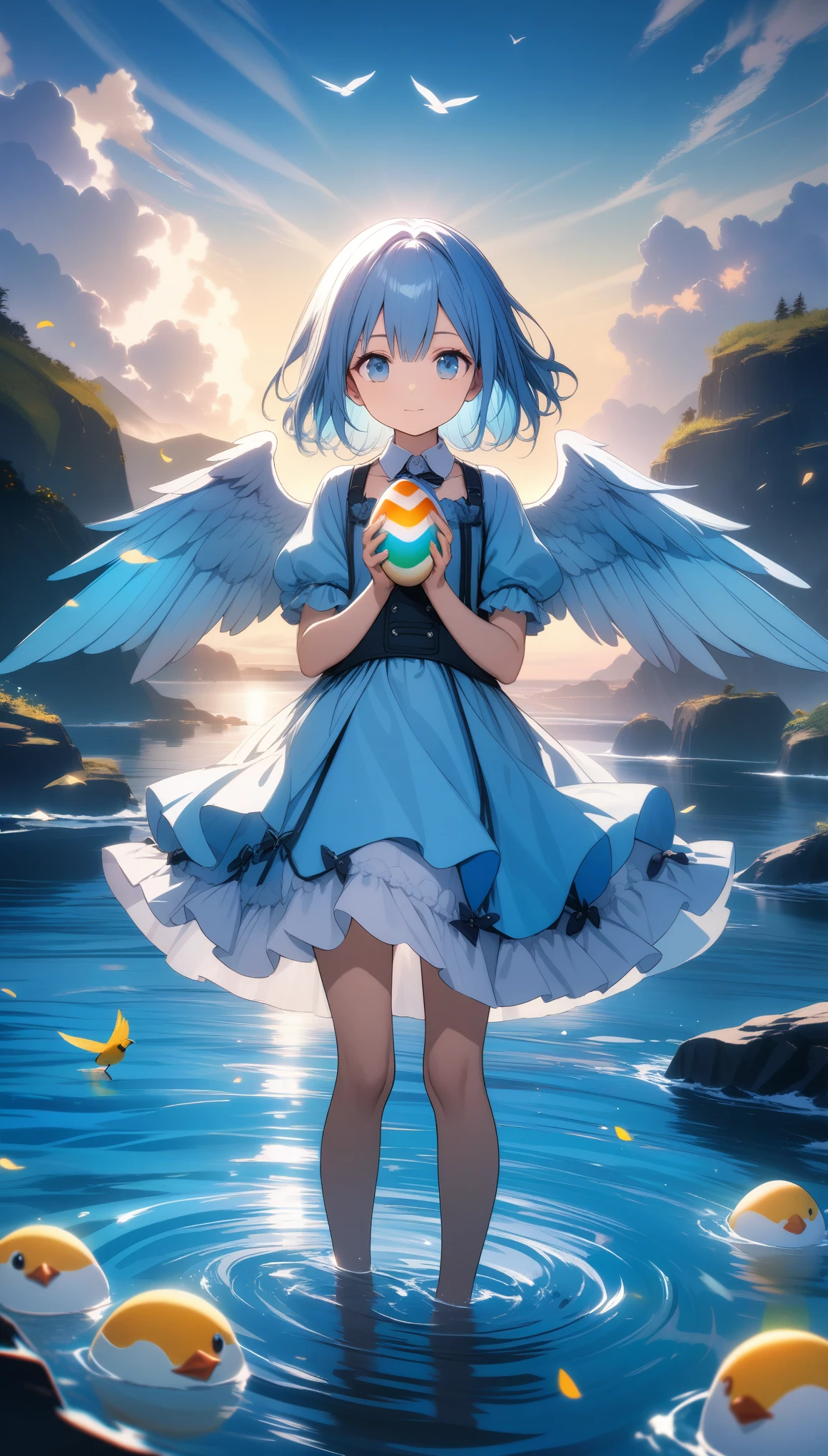 32k, best quality, ultra high res, HDR, UHD, extremely detailed CG, unity 32k wallpaper, A world full of eggs, Holding a rainbow-colored egg in both hands, Very cute girl, Blue Hair, blue eyes, A beautiful and cute blue dress, from the front, A very beautiful sea background, Standing on the water, Particles that glow blue, bird, cloud, Egg with wings,