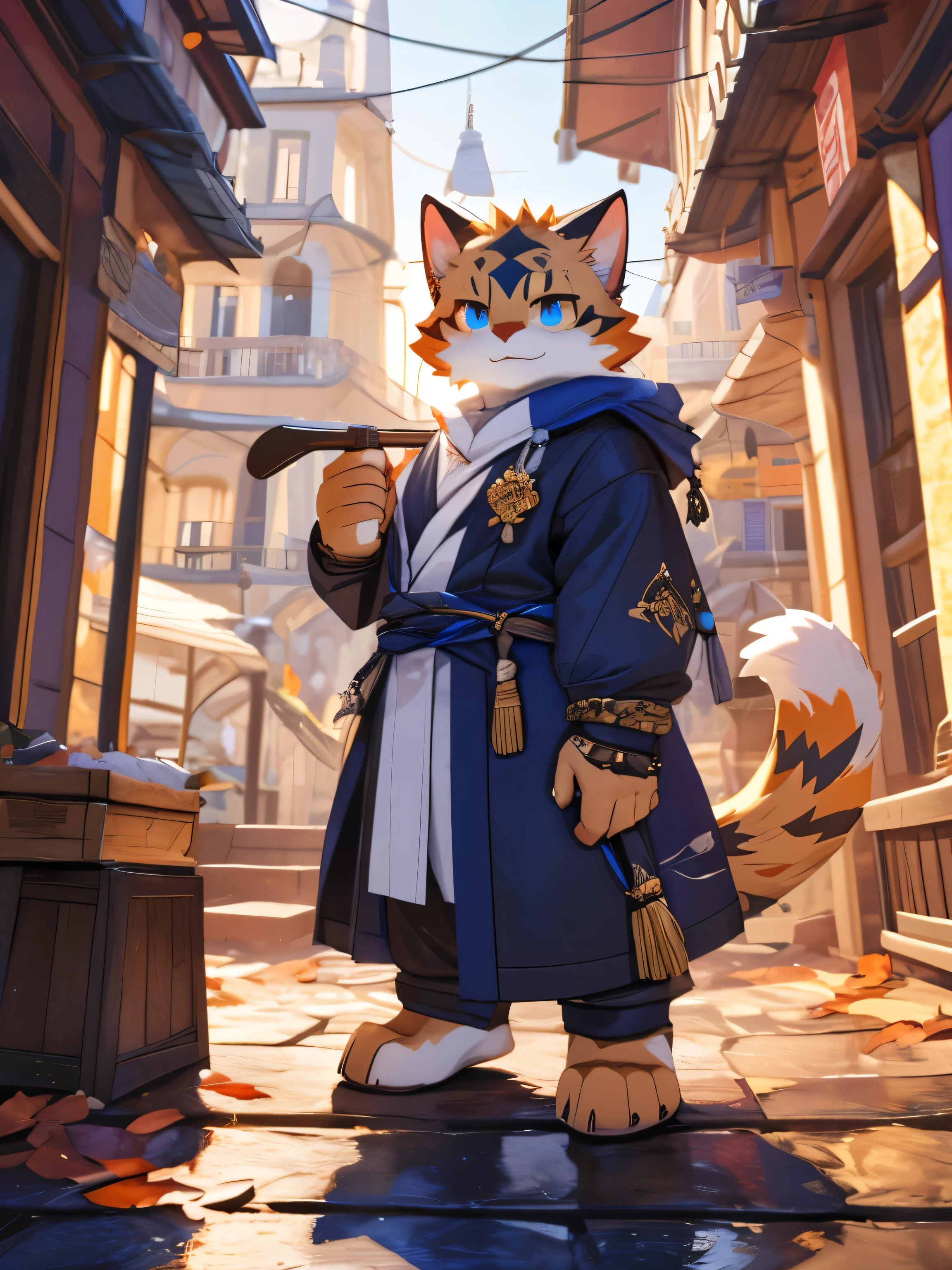 nj5furry，kemono，full-length portrait，anthro，hi res，male，juvenile，strong，Pure white robes，Gold Texture，Mage，Orange cat，Fluffy hair，Golden Eyes，Detailed eyes，Delicate eyes，Extremely high detail，8k high definition characters，optimistic and cheerful，Fighting Stance，Golden dot of light