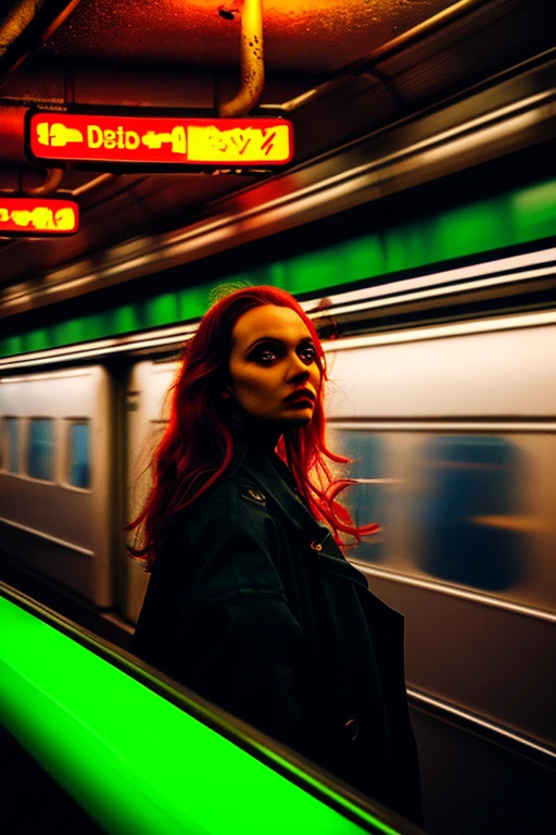 woman standing in a subway in a neon lights in a subway car, neon and cinematic lighting, cinematic neon lighting, cinematic and dramatic neon light, high neon lights, red lights, neon lights, by Emma Andijewska, neon lighting, atmospheric neon lighting, neon lighting on their faces, style of suspiria and neon demon, neon light, long exposure