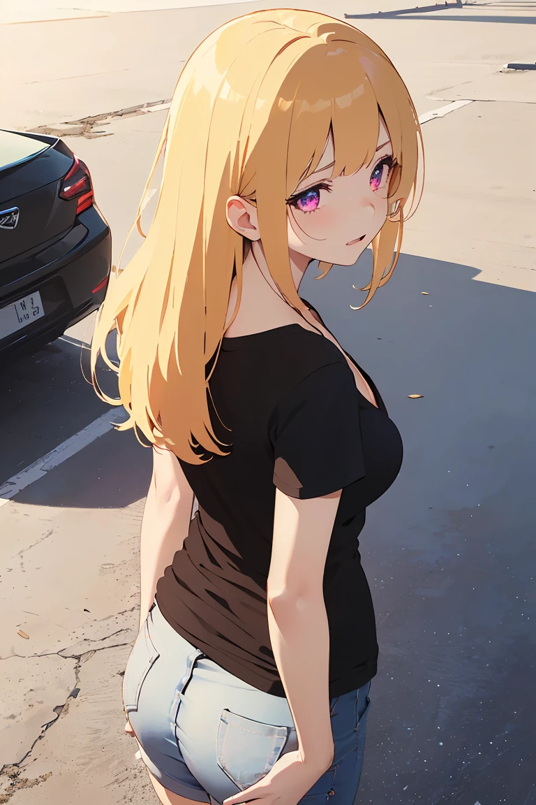 masterpiece, absurdres, best quality, ultra detailed, high Resolution, detailed illustration, bright colour, (extremely beautiful detailed face and eyes, Delicate beautiful face, 1 girl, cute face:1.3), (magenta eyes:1.1), sparkling eyes, big eyes, medium breasts, (perky breasts:1.1), (pointy breasts:1.1), medium hips, glamorous body, white skin, BREAK, long bob cut, (blonde hair:0.8), messy hair, detailed hair, shiny hair, BREAK (v neck t shirt, down blouse:1.5), perfect lighting, (embarrassed:1.5), (ecstasy, vulgarity:1.5), (trembling:0.8), (From above and Diagonally from behind:1.5),