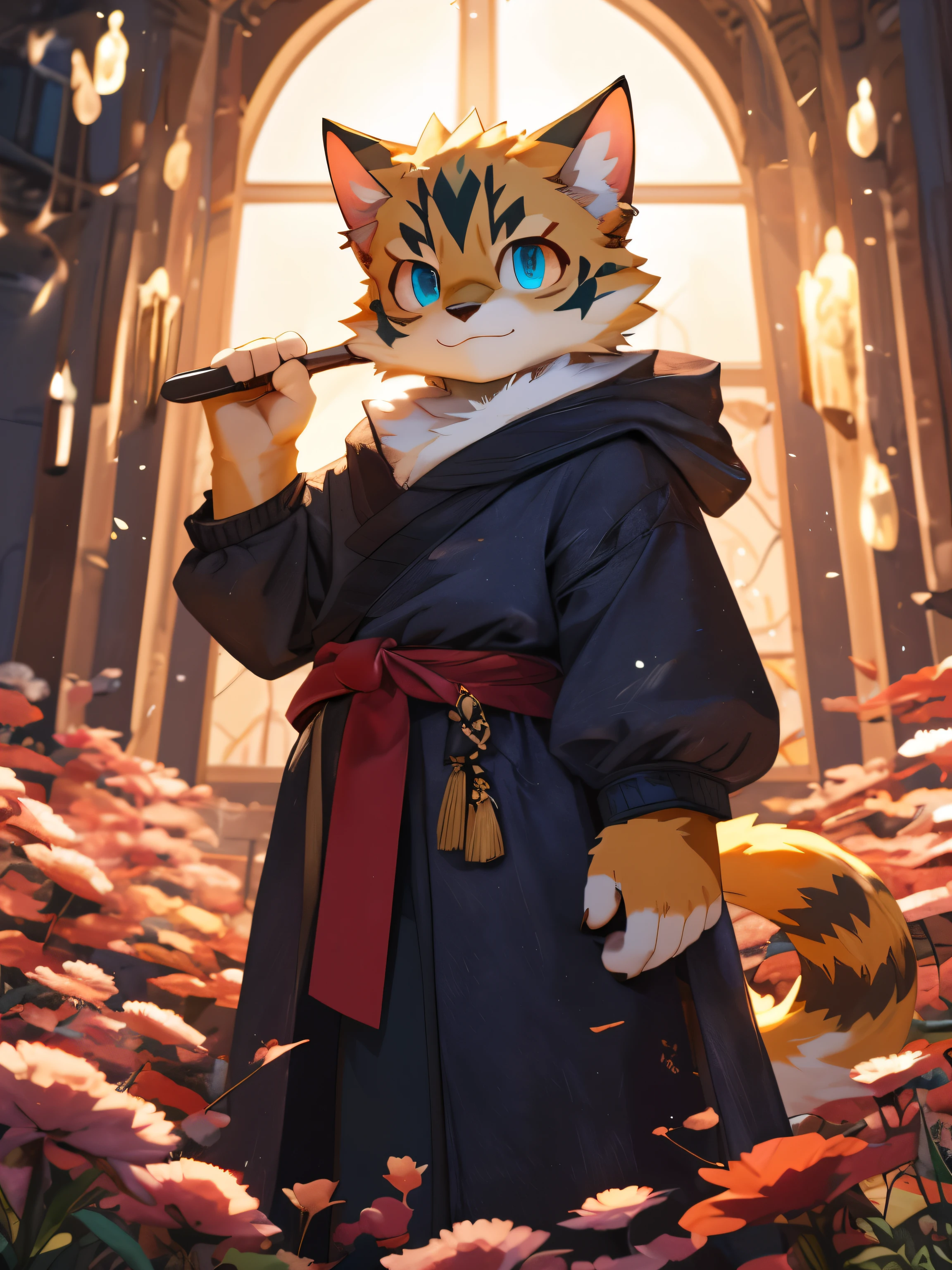 nj5furry,kemono,full-length portrait,anthro,hi res,male,juvenile,strong,Pure white robes,Gold Texture,Mage,Orange cat,Fluffy hair,Golden Eyes,Detailed eyes,Delicate eyes,Extremely high detail,8k high definition characters,optimistic and cheerful,Fighting Stance,Golden dot of light