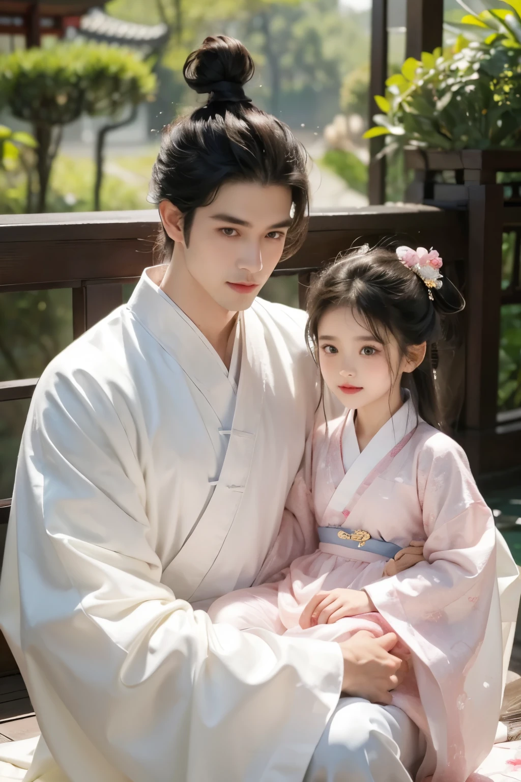 A handsome man and a beautiful woman holding a  girl，Happiness knows no bounds，Quiet and peaceful，A faint smile，Chinese Garden，Chinese clothing and accessories，Black Hair，Perfect face