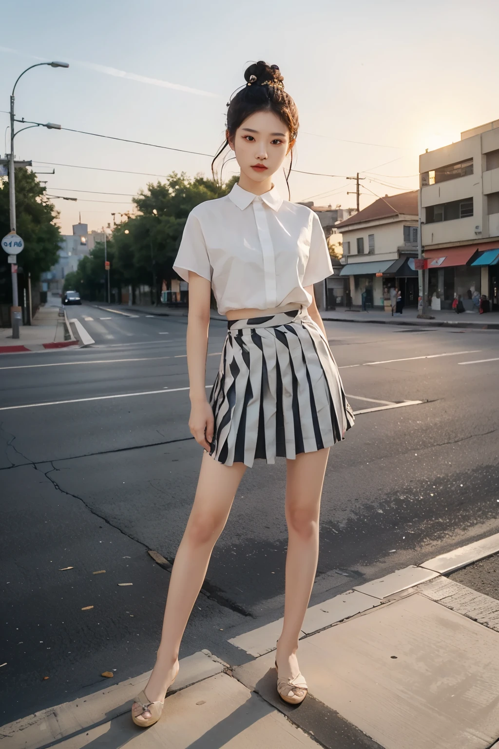 ((best quality)), ((masterpiece)), (detailed), Perfect face，full-body shot，Bare legs，Pleated Skirt，shirt，street curb，There is a zebra crossing in the distance，Sunset