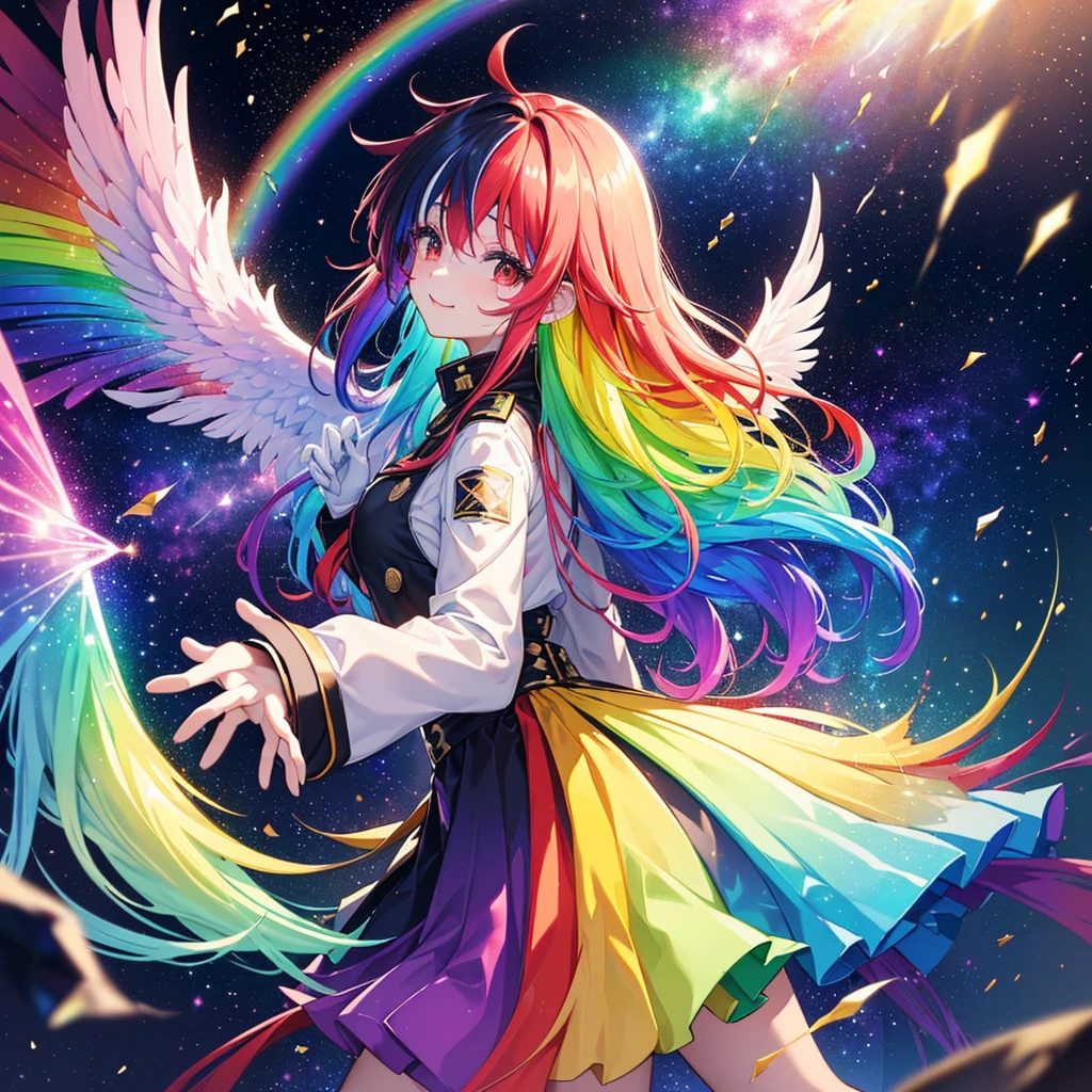 ((Fantasy　Rainbow Hair　Make your hair rainbow-colored on the inside　Long Hair　Dull red eyes　Have a galaxy　uniform　Put on a coat without putting your arms through it　Wings many times larger than me　Lonely　Smiling Kindly))　((Tears　gloves))　(Broken glass　Distorted Space-Time　star)　Catch the wind　fall　Shining Background　Particles of light, rainbow-colored edges