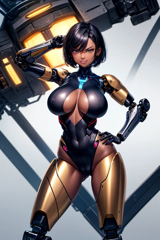 tall, shiny skin, glossy skin, fit, dark skin, very dark skin, very long legs , cameltoe, robot, android, cyborg, short black hair, angry smile, huge breasts, gold