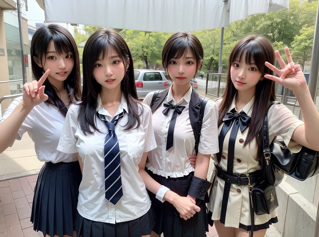 Four girls in uniform are taking a photo, seifuku, With index finger, 8k!, 8k!!, Happy!!!, 🚿🗝📝, SSAO8K, Japanese High School, JK Uniform, 4k Racepost, Post in 4K, Selfie in 8k, 4K!, 最high quality、high quality、Extremely detailed photos、Eye for detail、Super detailed face、Ultra-detailed hair、Ultra-detailed body、8k, Raw photo, masterpiece, High-resolution RAW color photos、Professional close-up photography, Realistic, Photorealism , 最high quality, Best Shadow, Best illustrations, Ultra-high resolution, High-resolution CG integrated physically based renderer, Perfect Anatomy ,The background is blurred , Physically Based Rendering、High Resolution, Browsing Caution, Perfect Legs、Perfect Fingers、Perfect hands、Perfect body、The beauty of symmetry、Beautiful symmetry、Beautiful Teeth、Beautiful Teeth alignment、Japanese people model、Perfect Face,cute, Cowboy Shot , Professional Lighting、1 Japanese girl,Slim face、乳首の谷間が最high quality、8k、masterpiece、Natural Makeup、Lip gloss、Exposed breasts、Open legs、Seductive posture、Bad Eyes、Big Breasts、She lifts her skirt to show off her vagina