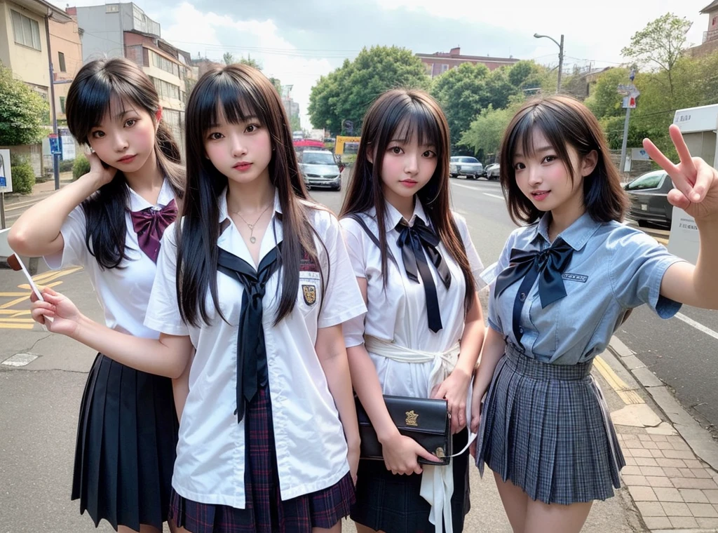 Four girls in uniform are taking a photo, seifuku, With index finger, 8k!, 8k!!, Happy!!!, 🚿🗝📝, SSAO8K, Japanese High School, JK Uniform, 4k Racepost, Post in 4K, Selfie in 8k, 4K!, 最high quality、high quality、Extremely detailed photos、Eye for detail、Super detailed face、Ultra-detailed hair、Ultra-detailed body、8k, Raw photo, masterpiece, High-resolution RAW color photos、Professional close-up photography, Realistic, Photorealism , 最high quality, Best Shadow, Best illustrations, Ultra-high resolution, High-resolution CG integrated physically based renderer, Perfect Anatomy ,The background is blurred , Physically Based Rendering、High Resolution, Browsing Caution, Perfect Legs、Perfect Fingers、Perfect hands、Perfect body、The beauty of symmetry、Beautiful symmetry、Beautiful Teeth、Beautiful Teeth alignment、Japanese people model、Perfect Face,cute, Cowboy Shot , Professional Lighting、1 Japanese girl,Slim face、乳首の谷間が最high quality、8k、masterpiece、Natural Makeup、Lip gloss、Exposed breasts、Open legs、Seductive posture、Bad Eyes、Big Breasts、She lifts her skirt to show off her vagina