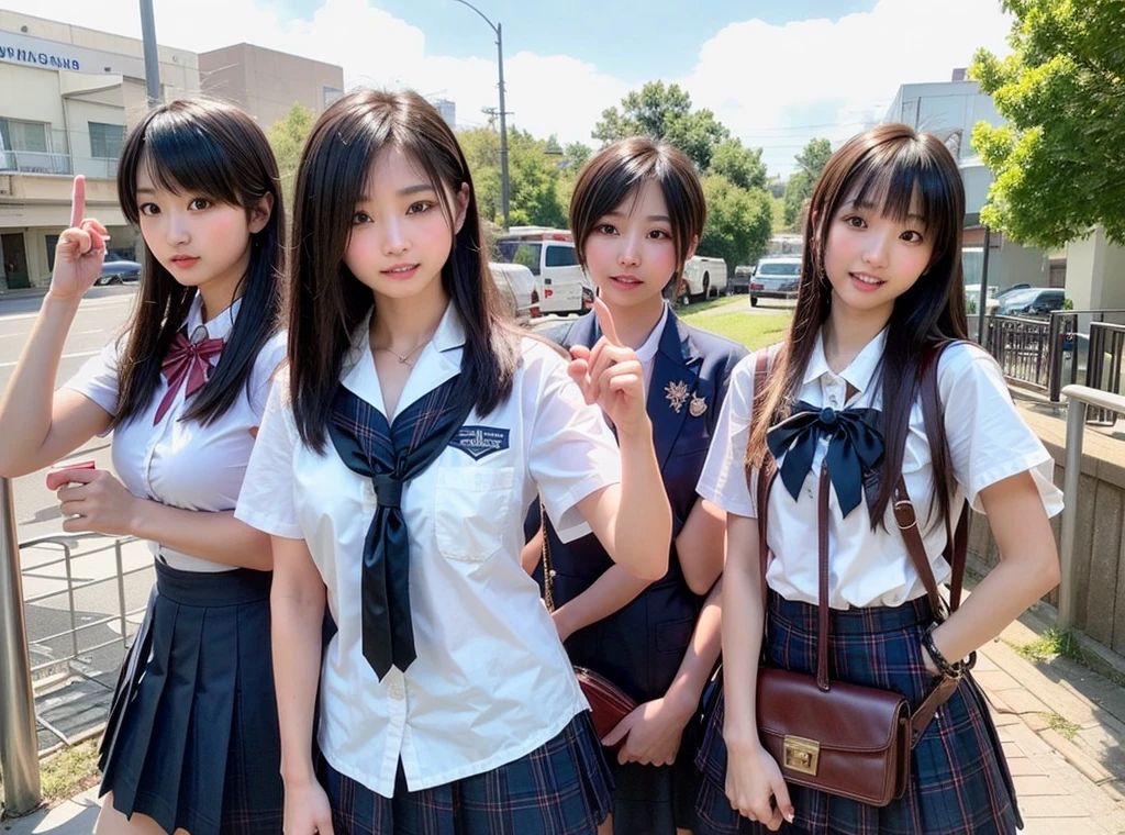 Four girls in uniform are taking a photo, seifuku, With index finger, 8k!, 8k!!, Happy!!!, 🚿🗝📝, SSAO8K, Japanese High School, JK Uniform, 4k Racepost, Post in 4K, Selfie in 8k, 4K!, 最high quality、high quality、Extremely detailed photos、Eye for detail、Super detailed face、Ultra-detailed hair、Ultra-detailed body、8k, Raw photo, masterpiece, High-resolution RAW color photos、Professional close-up photography, Realistic, Photorealism , 最high quality, Best Shadow, Best illustrations, Ultra-high resolution, High-resolution CG integrated physically based renderer, Perfect Anatomy ,The background is blurred , Physically Based Rendering、High Resolution, Browsing Caution, Perfect Legs、Perfect Fingers、Perfect hands、Perfect body、The beauty of symmetry、Beautiful symmetry、Beautiful Teeth、Beautiful Teeth alignment、Japanese people model、Perfect Face,cute, Cowboy Shot , Professional Lighting、1 Japanese girl,Slim face、乳首の谷間が最high quality、8k、masterpiece、Natural Makeup、Lip gloss、Exposed breasts、Open legs、Seductive posture、Bad Eyes、Big Breasts、She lifts her skirt to show off her vagina