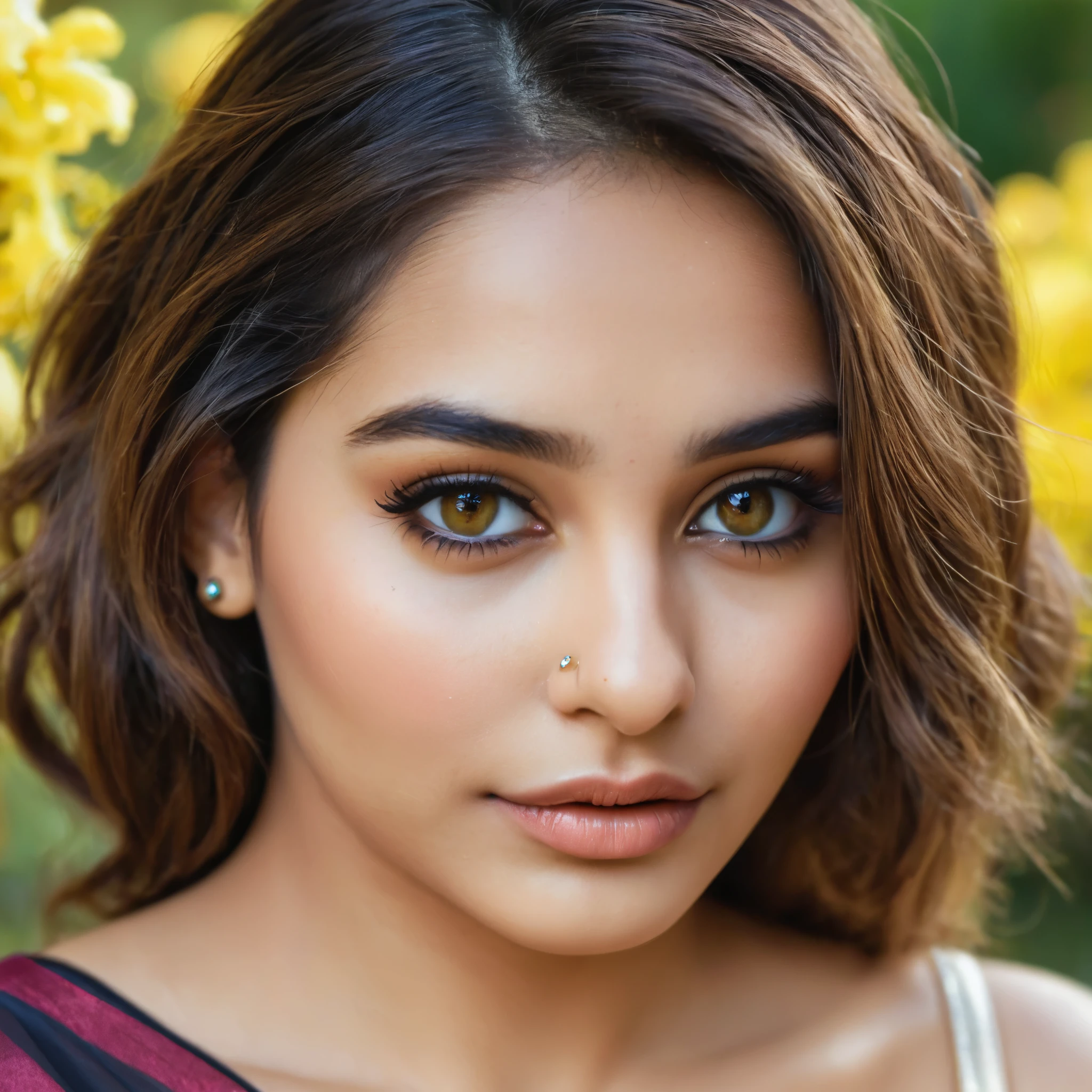 perfect hazel eyes, fantastic face, gorgeous face of an Indian Instagram Model, beautiful looks, round shaped face, ((beautiful lips, bright eyes, curve heir 1.5)), beautiful nose ring, glorious gorgeous face, pretty face, bright eyes, updo elegant hair, ultra focus, face illumined, full frontal shot of face, highly detailed, 8k resolution