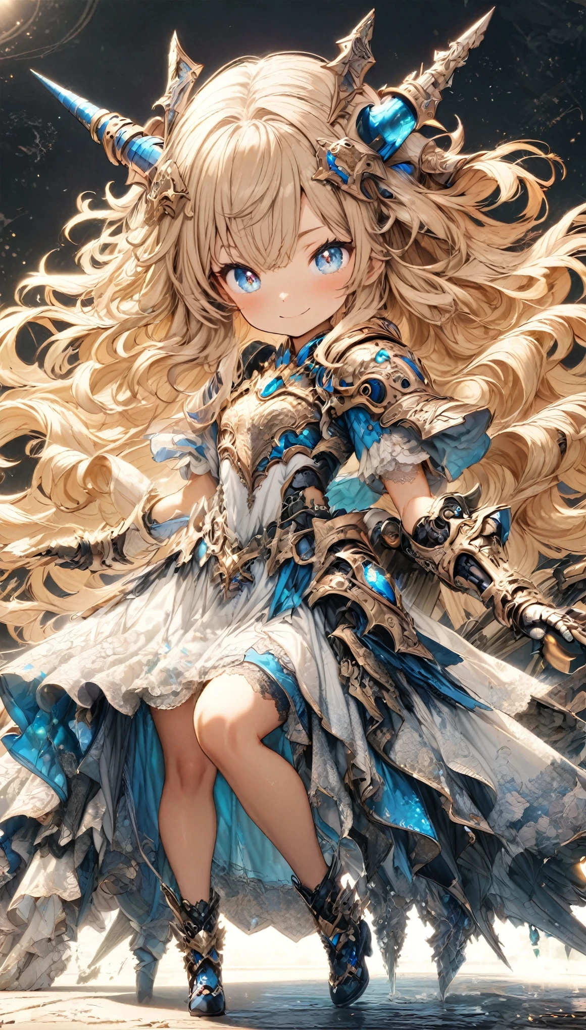 masterpiece, best quality, extremely detailed, high resolution, Japanese anime,1girl, gold hair, (medium length hair:1.4), curly hair, wavy hair, drill hair, (mechanical horn:1.5), mechanical wing, (blue eyes:1.5), (beautiful detailed eyes:1.4), laugh, 130cm tall, original character, fantasy, (black background:1.2), (full body:1.8), beautiful fingers, standing, (white blue lace frill armor dress:1.5), (bejeweled headgear:1.5) , shoot from front, looking at viewer