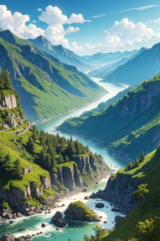 Detailed background, masterpiece, top quality, landscape, Mountain, river, forest, sun, sky, cloud