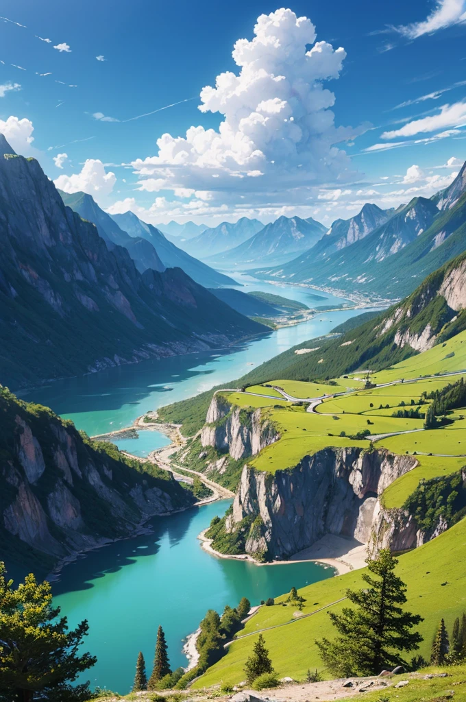 Detailed background, masterpiece, top quality, landscape, Mountain, river, forest, sun, sky, cloud
