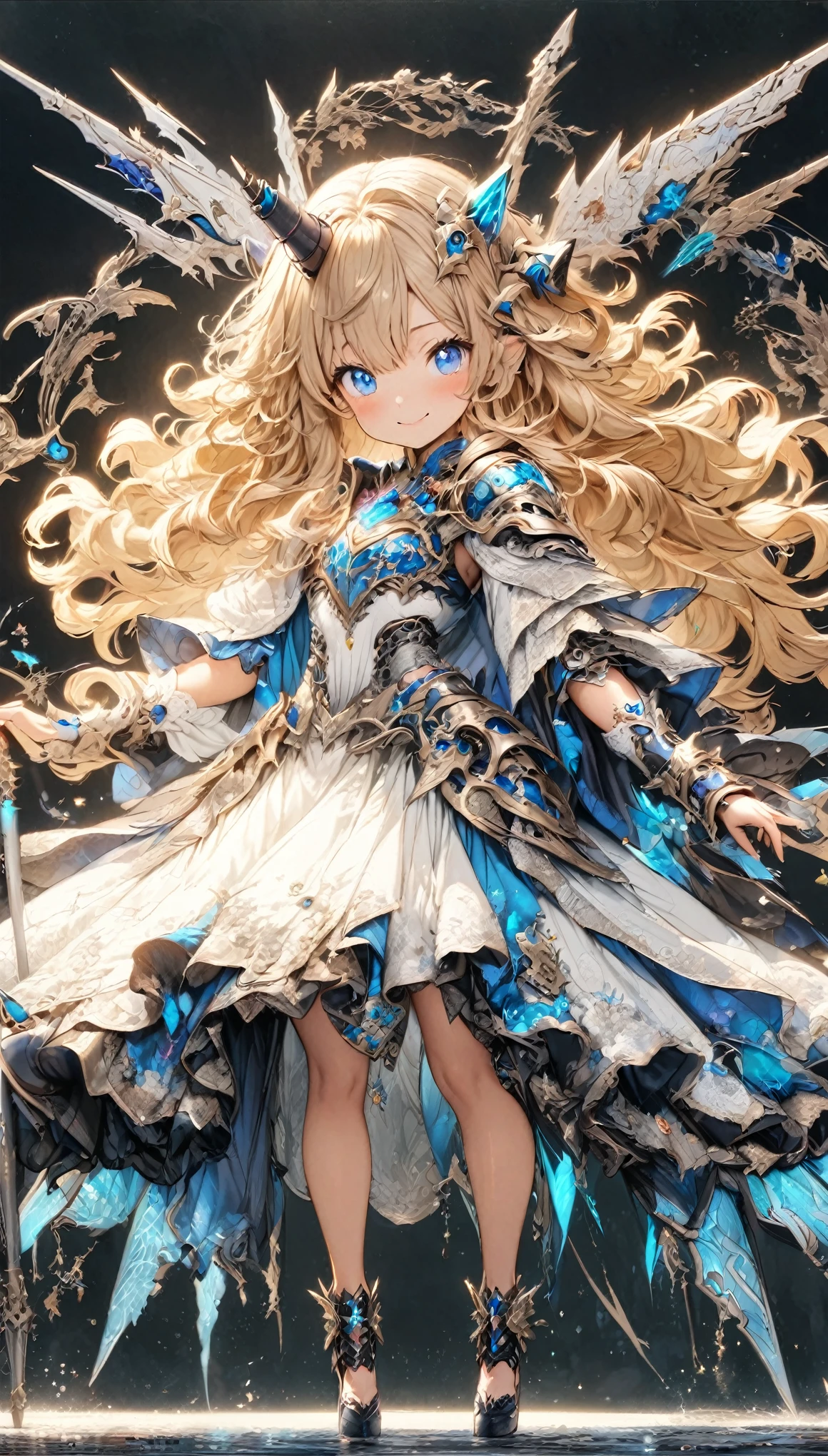 masterpiece, best quality, extremely detailed, high resolution, Japanese anime,1girl, gold hair, (medium length hair:1.4), curly hair, wavy hair, drill hair, (mechanical horn:1.5), mechanical wing, (blue eyes:1.5), (beautiful detailed eyes:1.4), laugh, 130cm tall, original character, fantasy, (black background:1.2), (full body:1.8), beautiful fingers, standing, (white blue lace frill armor dress:1.5), (bejeweled headgear:1.5) , shoot from front, looking at viewer