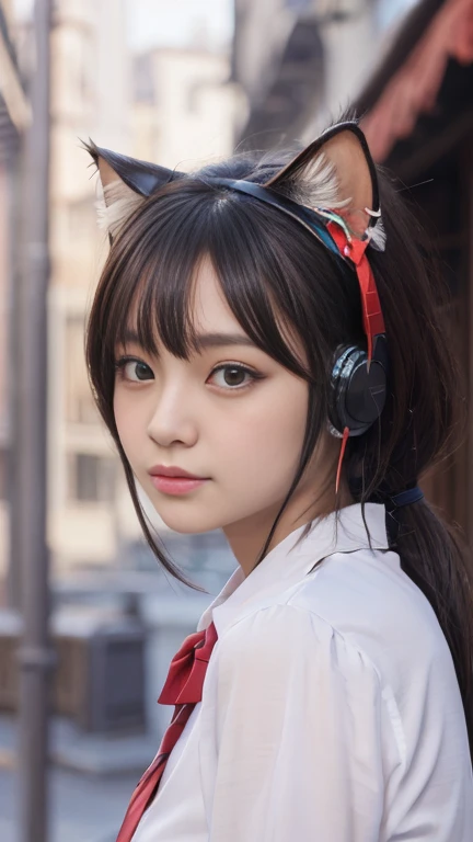 1 girl,Black Hair、Adorable, 18 years,masterpiece, Very big eyes,4K, Beautiful school girl, (Cat ear:1.4), A faint smile, Shiny skin