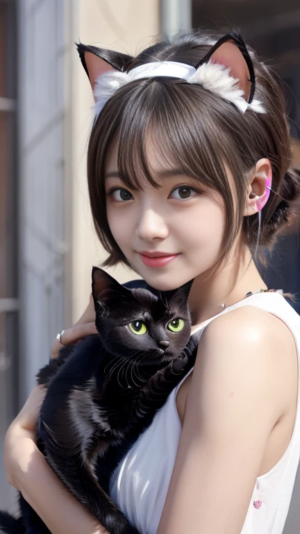 1 girl,Black Hair、Adorable, 18 years,masterpiece, Very big eyes,4K, Beautiful school girl, (Cat ear:1.4), A faint smile, Shiny skin