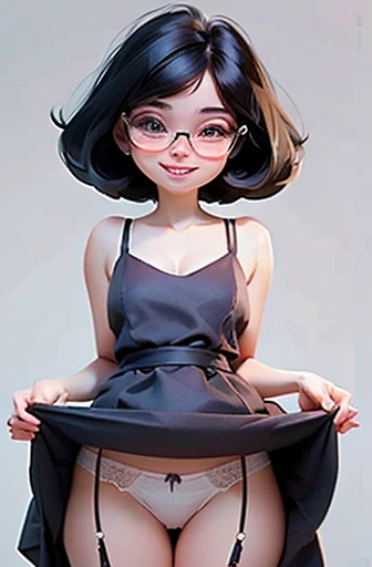 (masterpiece), (8k, best quality, high resolution), (ultra-detailed, realistic), (anatomically correct),
((from head to thighs)), (Standing), (No background),
(1woman), (looking at viewer), (pull the dress up to the navel),
(A Japanese woman, 30 years old and 155cm tall),
(black hair), (straight hair), (short hair style), ((bob cut)), (hair behind ears),
(wear glasses), ((black cell frame glasses)),
((Wear a navy blue spaghetti strap dress)), ((Mini length dress with a simple design and minimal decoration)),
(wear panties), ((white panties)),
(Create a detailed image of the eye),
(Her impression is pure, clean and kind.),
((A captivating smile, just showing a few teeth.)),