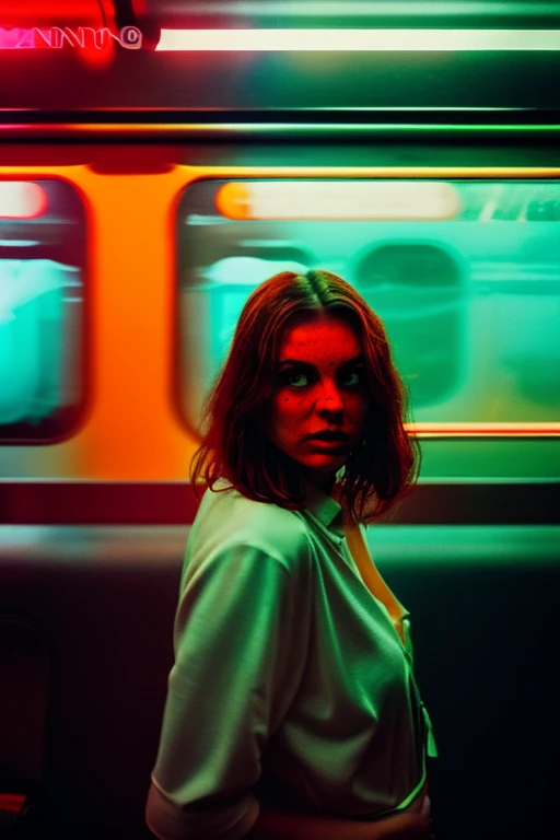 woman standing in a subway in a neon lights in a subway car, neon and cinematic lighting, cinematic neon lighting, cinematic and dramatic neon light, high neon lights, red lights, neon lights, by Emma Andijewska, neon lighting, atmospheric neon lighting, neon lighting on their faces, style of suspiria and neon demon, neon light, long exposure