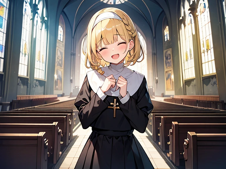 Masterpiece, Top quality, 1 beautiful girl, Blonde, short Hair, Braided hair, long Hair, blunt bangs, standard weight, 15 year old nun, (black monastery uniform):1.3, (happy):1.3, open mouth, closed eyes, beautiful scene of church, cowboy shot, stained glass, pew