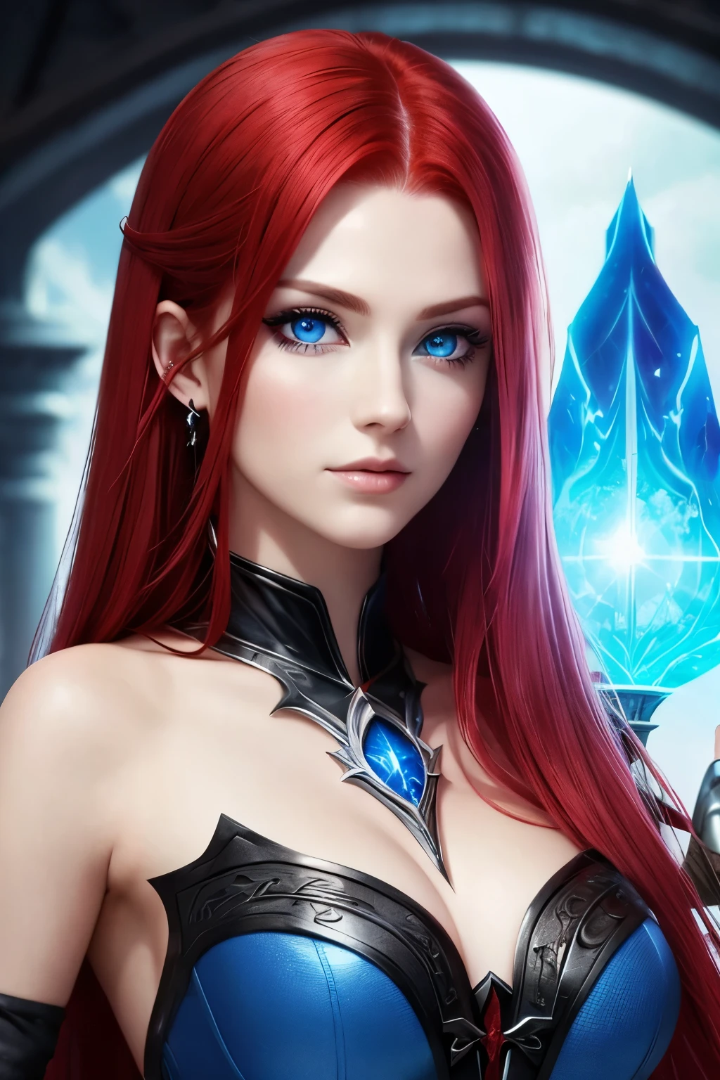 Striking photo of a young woman with a striking and determined appearance Furious. She has red hair that cascades down to her shoulders. His eyes are the color of the ocean, a deep blue that reflects his intensity and curiosity. Your skin is clear, with a soft and radiant tone. 8k quality --auto --s2
