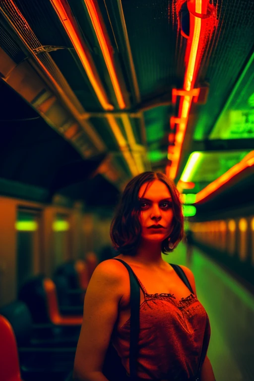 woman standing in a subway in a neon lights in a subway car, neon and cinematic lighting, cinematic neon lighting, cinematic and dramatic neon light, high neon lights, red lights, neon lights, by Emma Andijewska, neon lighting, atmospheric neon lighting, neon lighting on their faces, style of suspiria and neon demon, neon light, long exposure