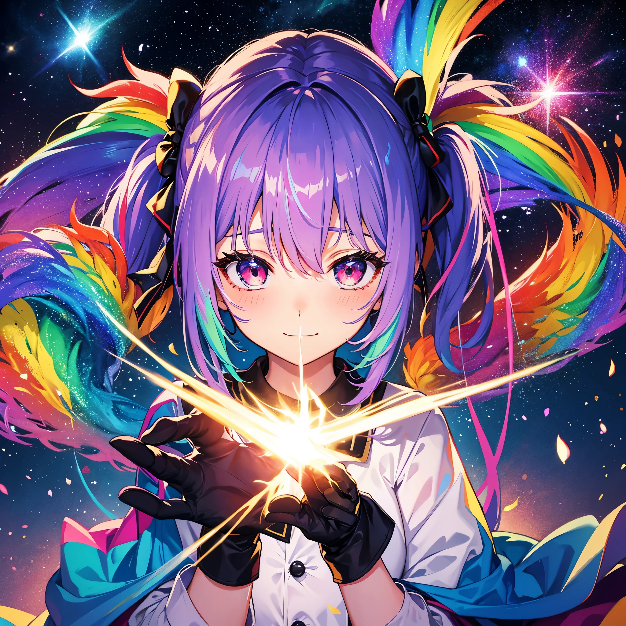 ((Fantasy Rainbow Hair Make your hair rainbow-colored on the inside Twin tails Dull red eyes Have a galaxy uniform Put on a coat without putting your arms through it Wings many times larger than me Lonely Smiling Kindly)) ((Tears gloves)) (Broken glass Distorted Space-Time star) Catch the wind fall Shining Background Particles of light, rainbow-colored edges