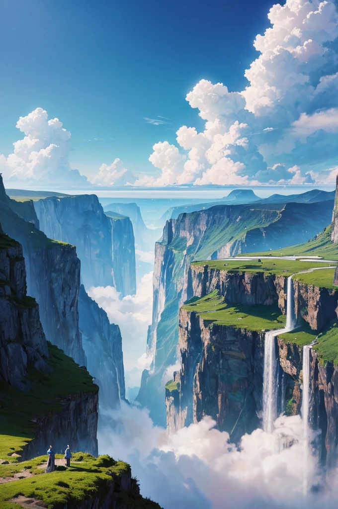 ({{high resolution,}},masterpiece,Super detailed,best quality,8k)cloud, sky空, landscape, sky, blue_sky空, Mountain, cloudy_sky空, outdoor, waterfall, fantasy, horizon, cliff, rock, water, landscape, Mountainous_horizon, ocean, Tree, river, floating_island