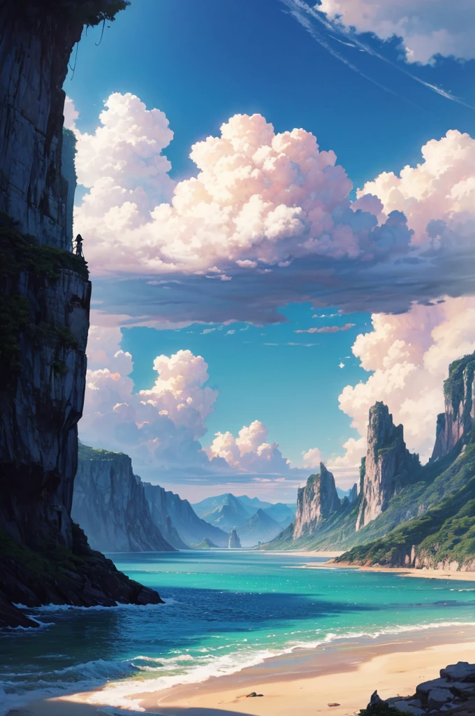 there is a man sitting on a cliff overlooking the ocean, max rive, ocean cliff view, breathtaking scenery, by Alexander Kucharsky, by Etienne Delessert, alexey egorov, breathtaking landscape, epic matte painting of an island, epic scenic shot, epic and stunning, cliffside ocean scene, amazing landscape in background, breathtaking shot, amazing landscape --auto --s2