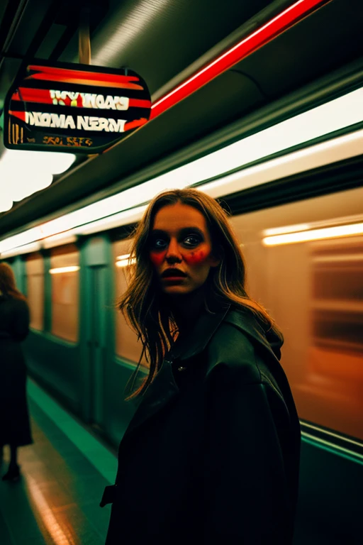 woman standing in a subway in a neon lights in a subway car, neon and cinematic lighting, cinematic neon lighting, cinematic and dramatic neon light, high neon lights, red lights, neon lights, by Emma Andijewska, neon lighting, atmospheric neon lighting, neon lighting on their faces, style of suspiria and neon demon, neon light, long exposure
