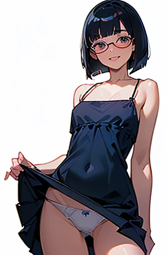 (masterpiece), (8k, best quality, high resolution), (ultra-detailed, realistic), (anatomically correct),
((from head to thighs)), (Standing), (No background),
(1woman), (looking at viewer), (pull the dress up to the navel),
(A Japanese woman, 30 years old and 155cm tall),
(black hair), (straight hair), (short hair style), ((bob cut)), (hair behind ears),
(wear glasses), ((black cell frame glasses)),
((Wear a navy blue spaghetti strap dress)), ((Mini length dress with a simple design and minimal decoration)),
(wear panties), ((white panties)),
(Create a detailed image of the eye),
(Her impression is pure, clean and kind.),
((A captivating smile, just showing a few teeth.)),