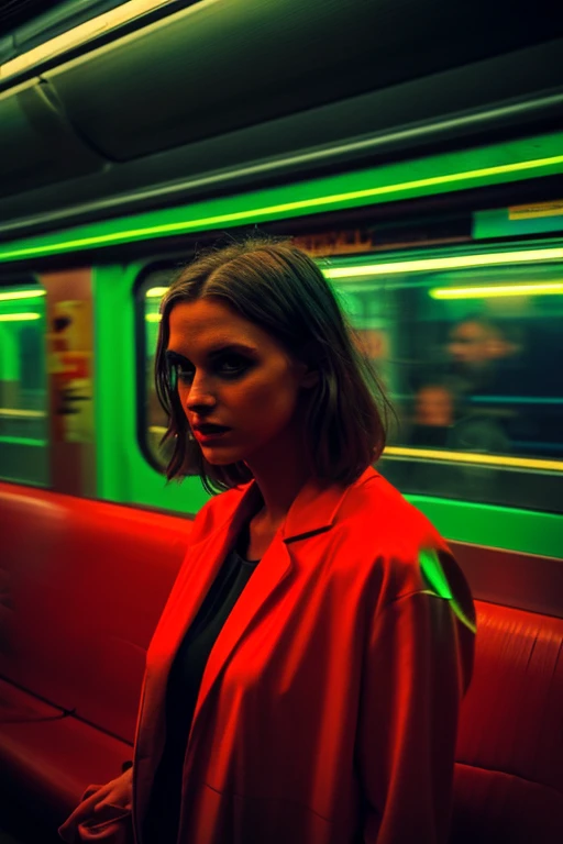 woman standing in a subway in a neon lights in a subway car, neon and cinematic lighting, cinematic neon lighting, cinematic and dramatic neon light, high neon lights, red lights, neon lights, by Emma Andijewska, neon lighting, atmospheric neon lighting, neon lighting on their faces, style of suspiria and neon demon, neon light, long exposure