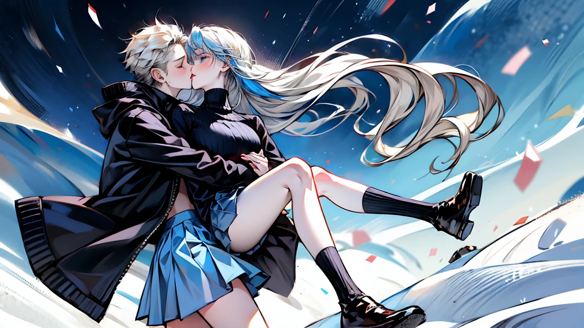 rustic,Heavy snow,Snow,two girls,a light blond hair,A sky blue hair,Embrace,kiss,Pure:1.5,slim,,wearing a turtleneck sweater,jacket,Pleated skirt,Bare legs,White socks,Very thin,The legs are very thin,Thin legs,whole body