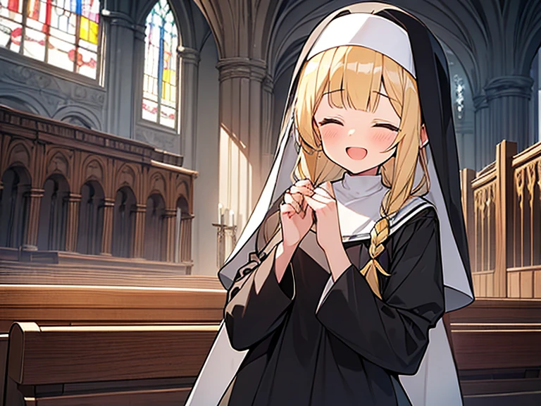 Masterpiece, Top quality, 1 beautiful girl, Blonde, long Hair, Braided hair, wave Hair, blunt bangs, standard weight,  nun, (black monastery uniform):1.3, (happy):1.3, open mouth, closed eyes, beautiful scene of church, cowboy shot, stained glass, pew, sunset