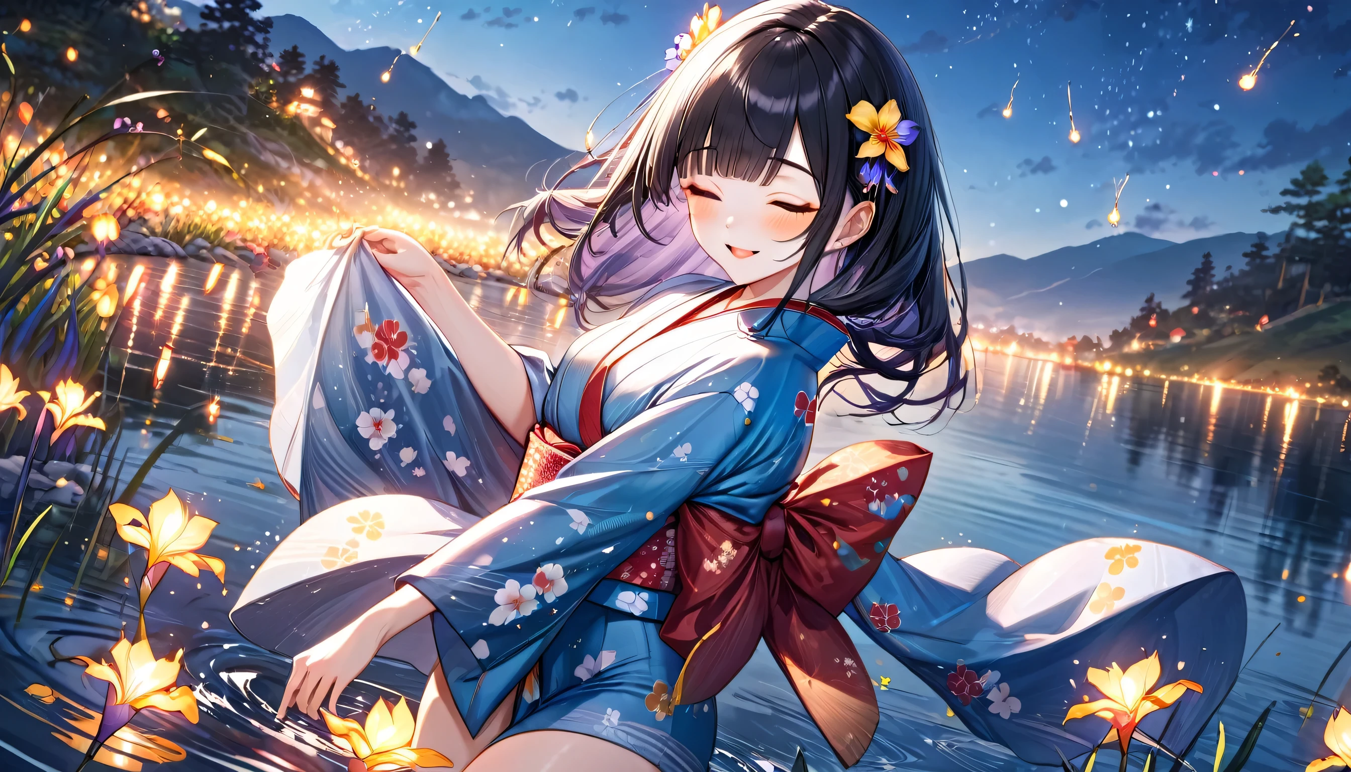 ((Summer Japanese clothing style)) (in a cute summer blue Kimono with Iris sanguinea), (solo blunt bangs black hair long hair sexy girl, 15, yo, sexy closed eyes, lovely smile), break, (in the Lake Shore with iris sanguinea:1.3) ((with dancing fireflies:1.2 in night)), fantastic mood, perfect ???????, masterpiece, best quality, 16k.