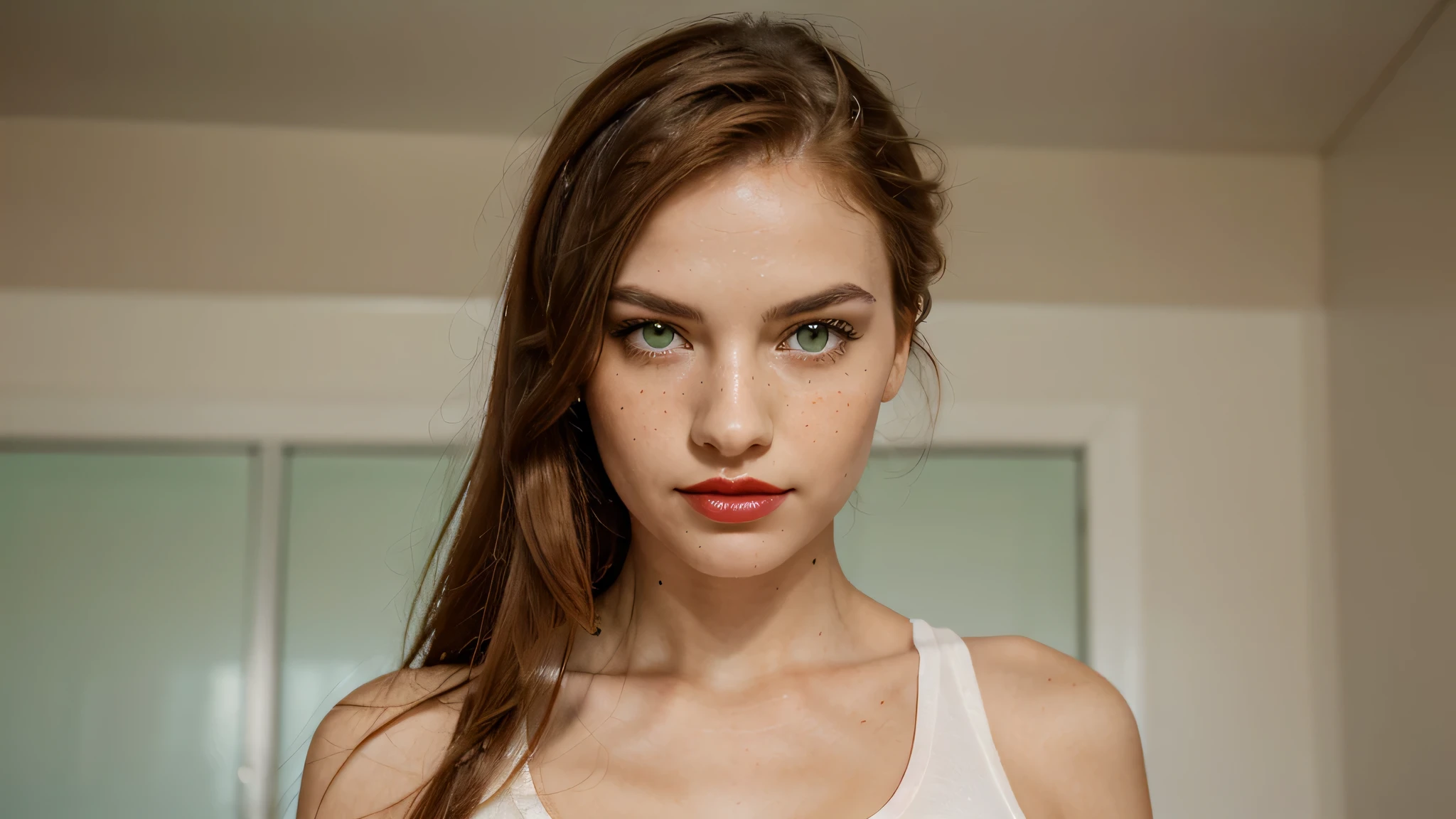 Generate a realistic image of one really beautiful young woman. Her skin is smooth, velvety, with some freckles. She has long, straight red hair. Her lips are soft, glossy, with intense red lipstick. Her gaze is intense, with emerald green eyes. Her teeth are regular and white. she wears casual sportive wear. She wear heavy makeup.