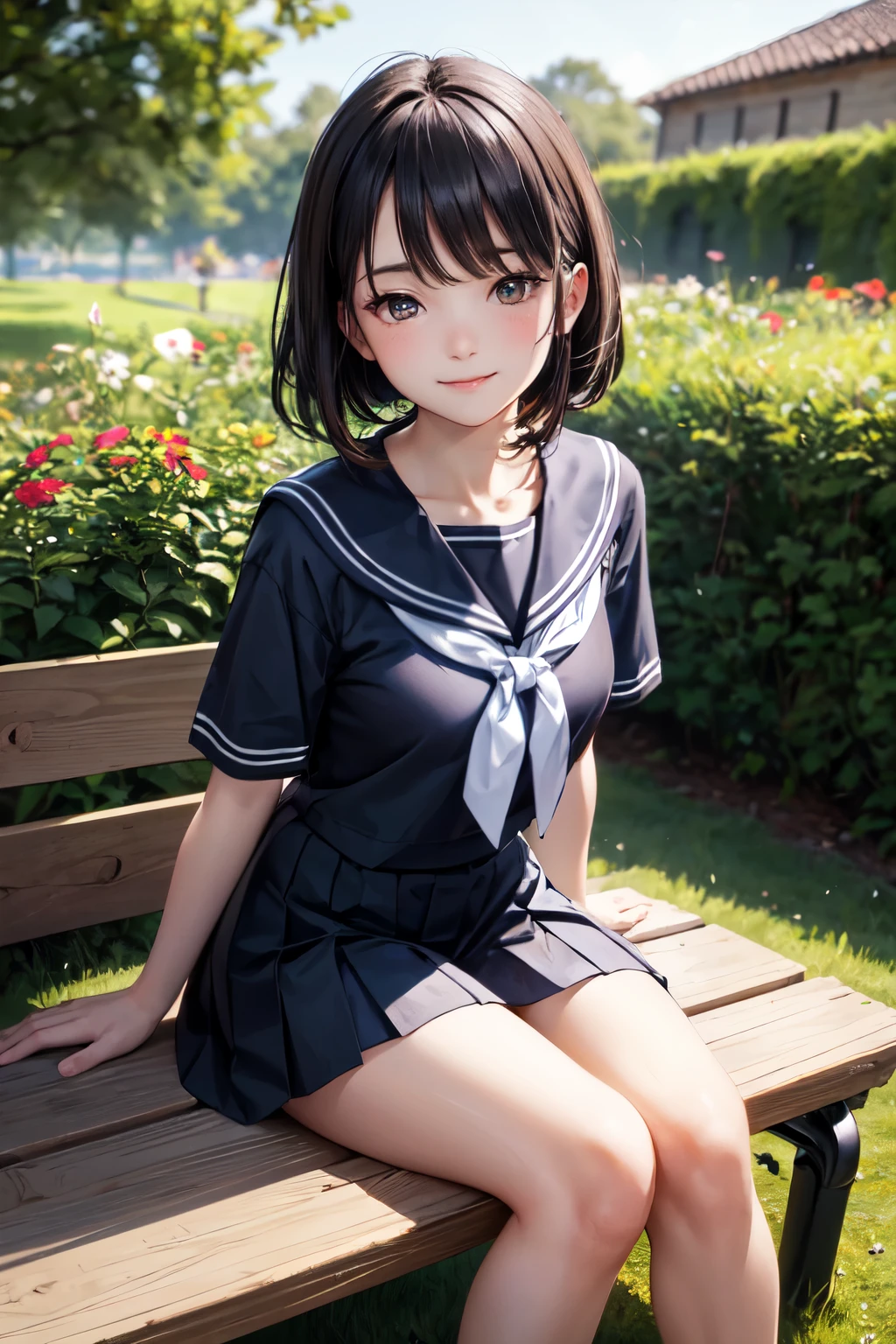 very cute and beautiful girl,(highly detailed beautiful face),
(smile),blush,looking at viewer,sailor ,short sleeve,pleated navy blue mini skirt,
black hair,sitting,
flower garden,wooden bench,grassland,shrubbery,
(best quality,masterpiece),absurdres,highres,ultra-detailed,extremely detailed,32k,8k resolution,
intricate details,cinematic scene,detailed background,solo,dynamic angle,