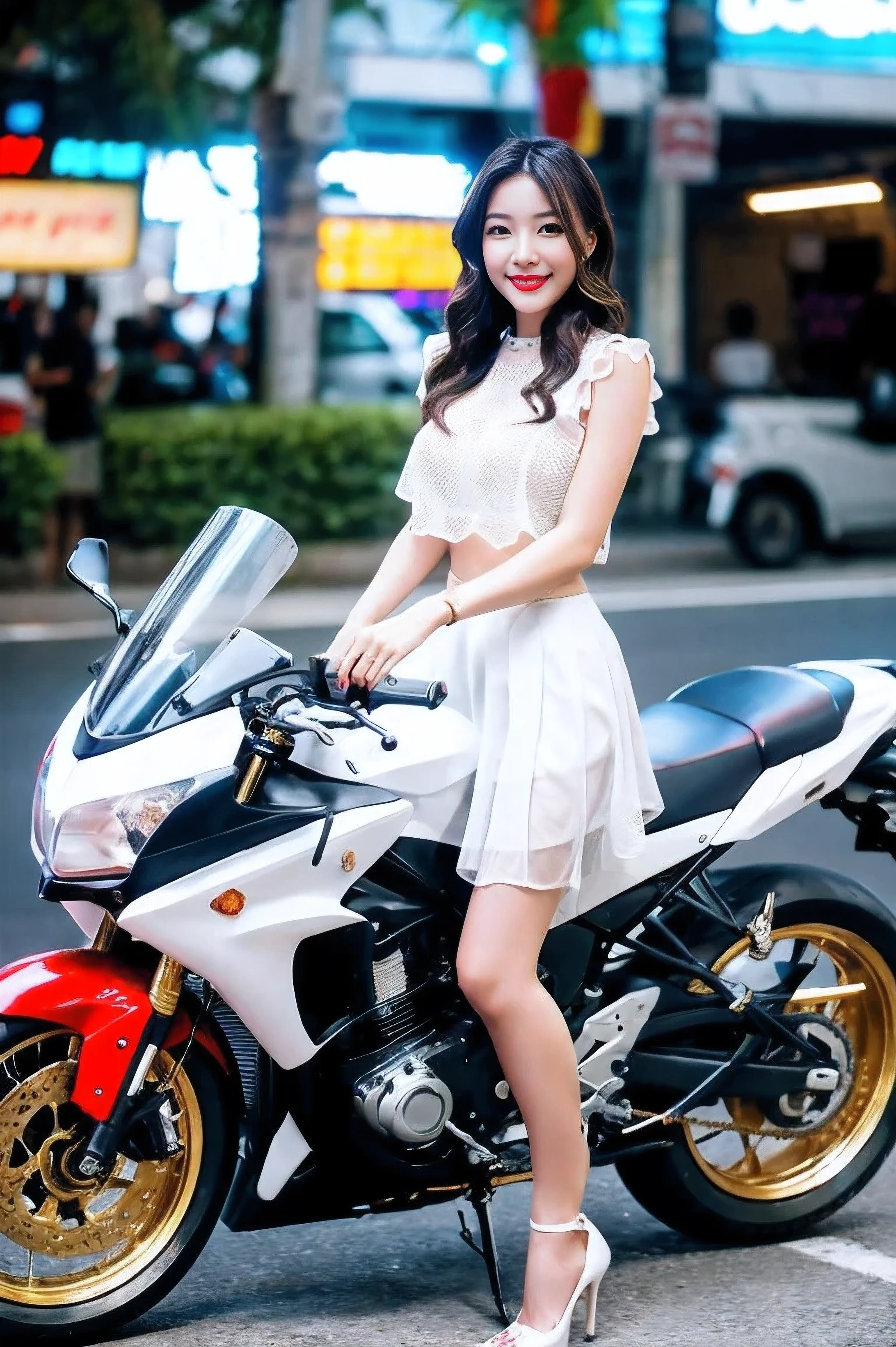 1 Thai woman cute face is red lips and big breasts size cup F, in an office uniform: light white net sleeveless blouse with ruffles, short white thin skirt, long net fish stockings, high red heels. She has a slender body and looks very attractive. She is riding a red Honda NSR 500 cc., motorcycle, high-tech, shiny white, luxurious gold rims, beautiful bright blue lights. Riding a motorcycle on the streets of Bangkok in daytime.