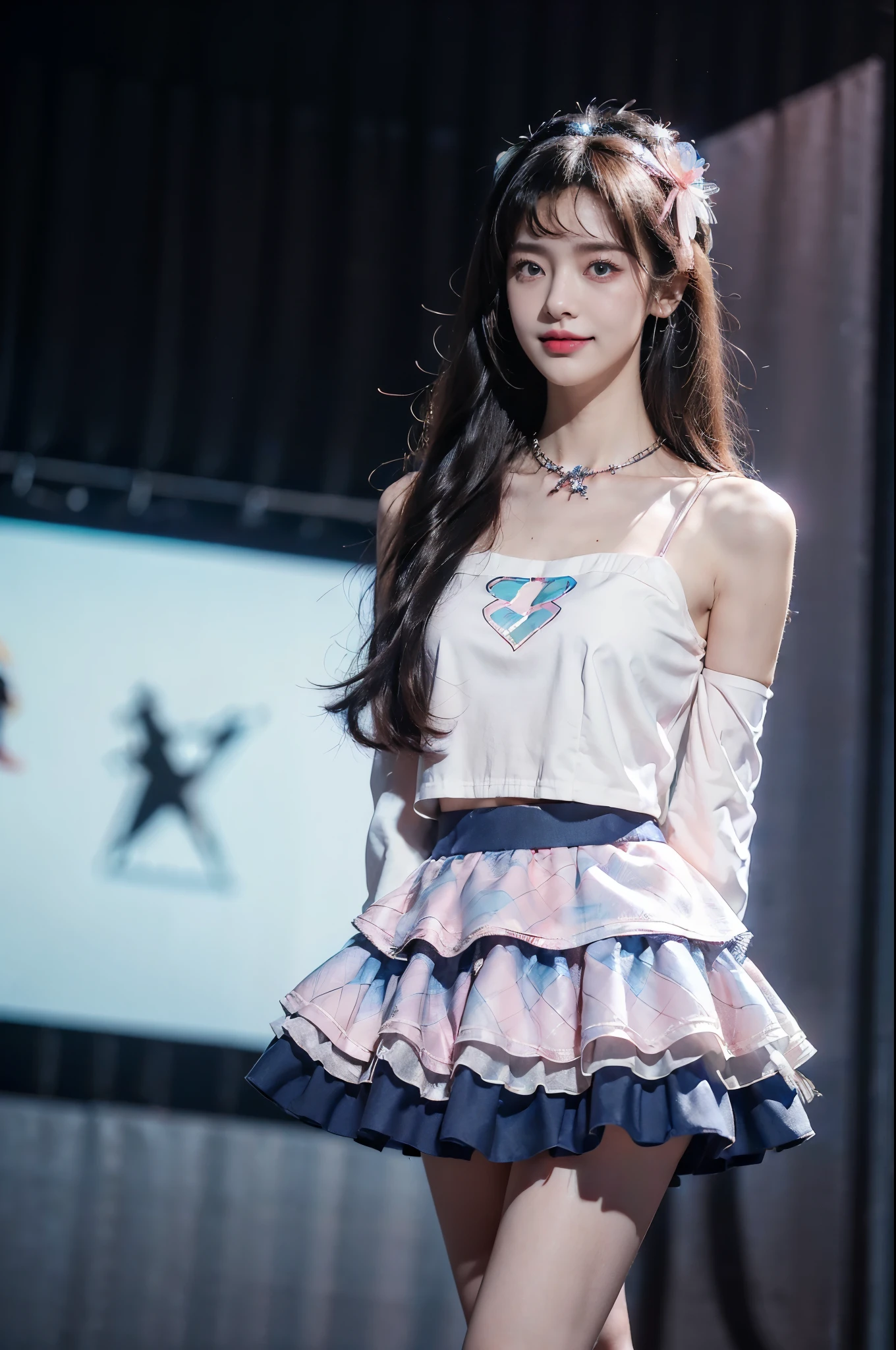 (Extremely meticulous CG),(((8k))),wallpaper,(Portrait above the chest:1.3),((Extremely refined and beautiful)),(((Masterpiece))),(((best qualtiy))),(((Ultra High Resolution))),beautiful light up,realistic shaded,(Smooth and flawless fair skin:1.5),(Extremely exquisite facial details:1.2),(ultra-detailed:1.5),((a beautiful girl,solo)),(Japanese age idol:1.3),(headdress flower:1.3),(shoulder length straight bob hair:1.2),(small head:1.2),(slender face:1.2),(Exquisite makeup:1.3),(smiling:1.2),(laughing:1.2),(blush:1.5),(perfect body:1.1),(collar:1.2),(sleeves:1.3),(dazzling Pink blue checkered Idol costume:1.5),(lolihirt:1.3),(short mini skirt:1.5),(slender legs:1.3),(thigh band:1.5),(sneakers:1.2),((slim,thin)),(small breasts:1.2),(flat chests:1.2),(from front:1.3),(standing:1.3),(In the theater:1.3),(on the stage:1.5),(lively atmosphere:1.3),(indoor:1.3),(colorful neon lights:1.3),(Cyberpunk style:1.3),(detailed background:1.5),(night scene:1.5),(upper body:1.3),(arms behind back:1.2)