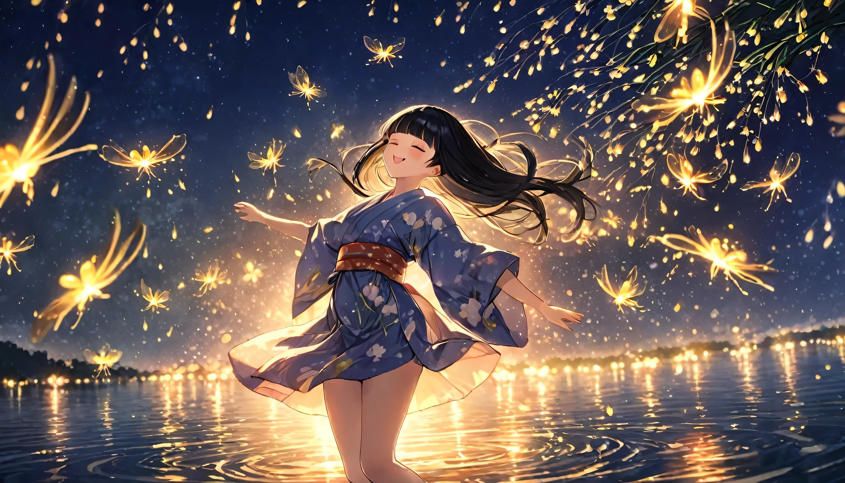 ((Summer Japanese clothing style)) (in a cute summer Kimono with Iris sanguinea), (solo blunt bangs black hair long hair sexy girl, , yo, sexy closed eyes, lovely smile), break, (((in the Lake with dancing fireflies  in night))), fantastic mood, perfect anatomy, masterpiece, best quality, 16k.