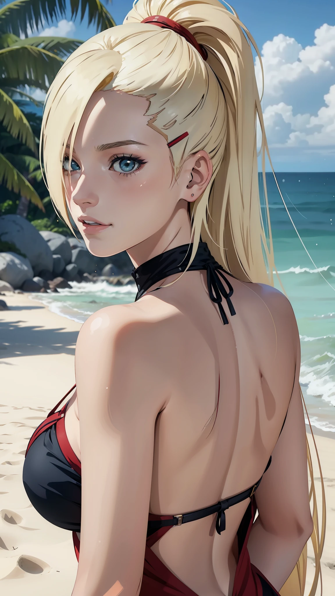 Yamanaka Ino anime seductive, 1girl ,Close-up shot,ssmile,Be red in the face,blond hairbl,Portrait photo,looks into camera,tmasterpiece,beachside,sandbeach,Greenery,detailed back ground,sfw